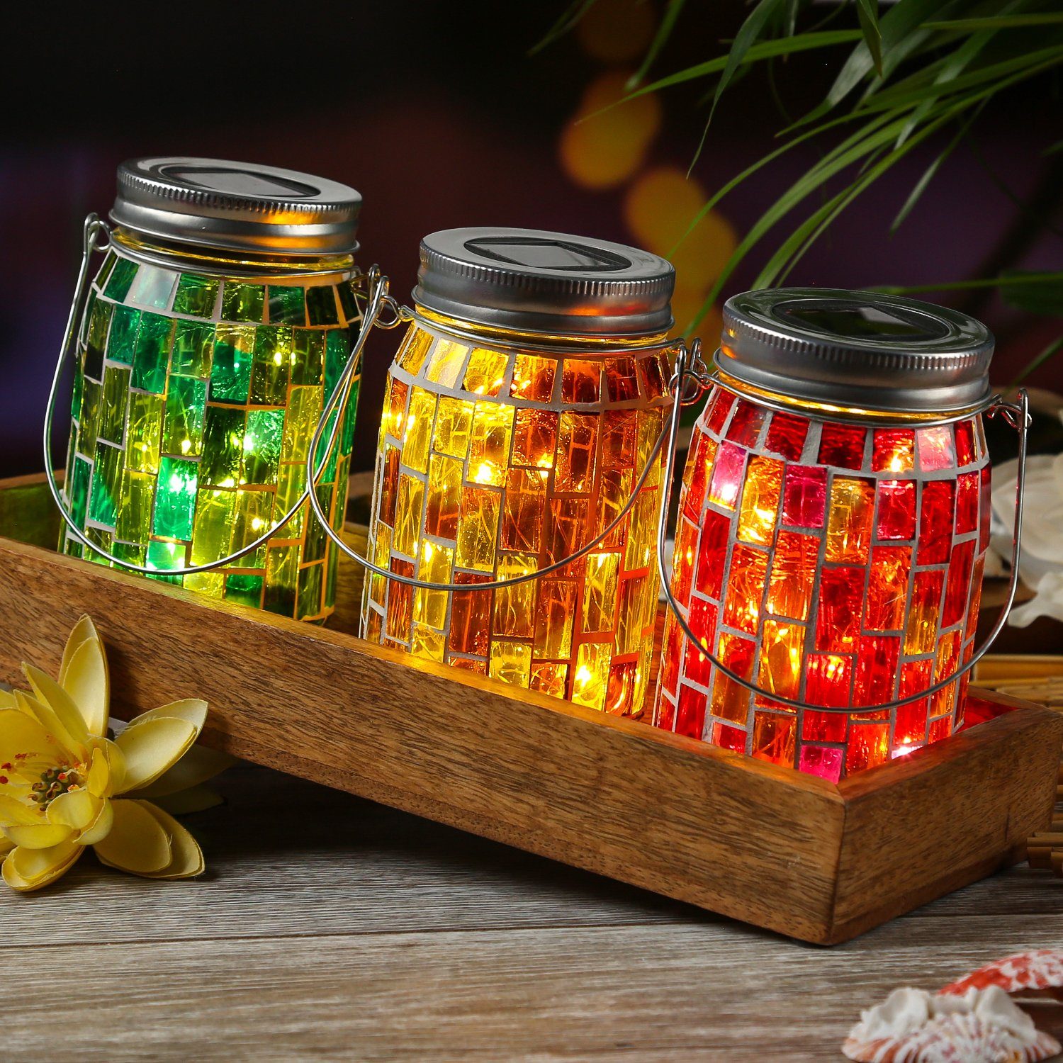 MARELIDA LED Solarleuchte LED Solar Glas Einmachglas mit Mosaik Tischleuchte Lichtsensor grün, LED Classic, warmweiß (2100K bis 3000K)