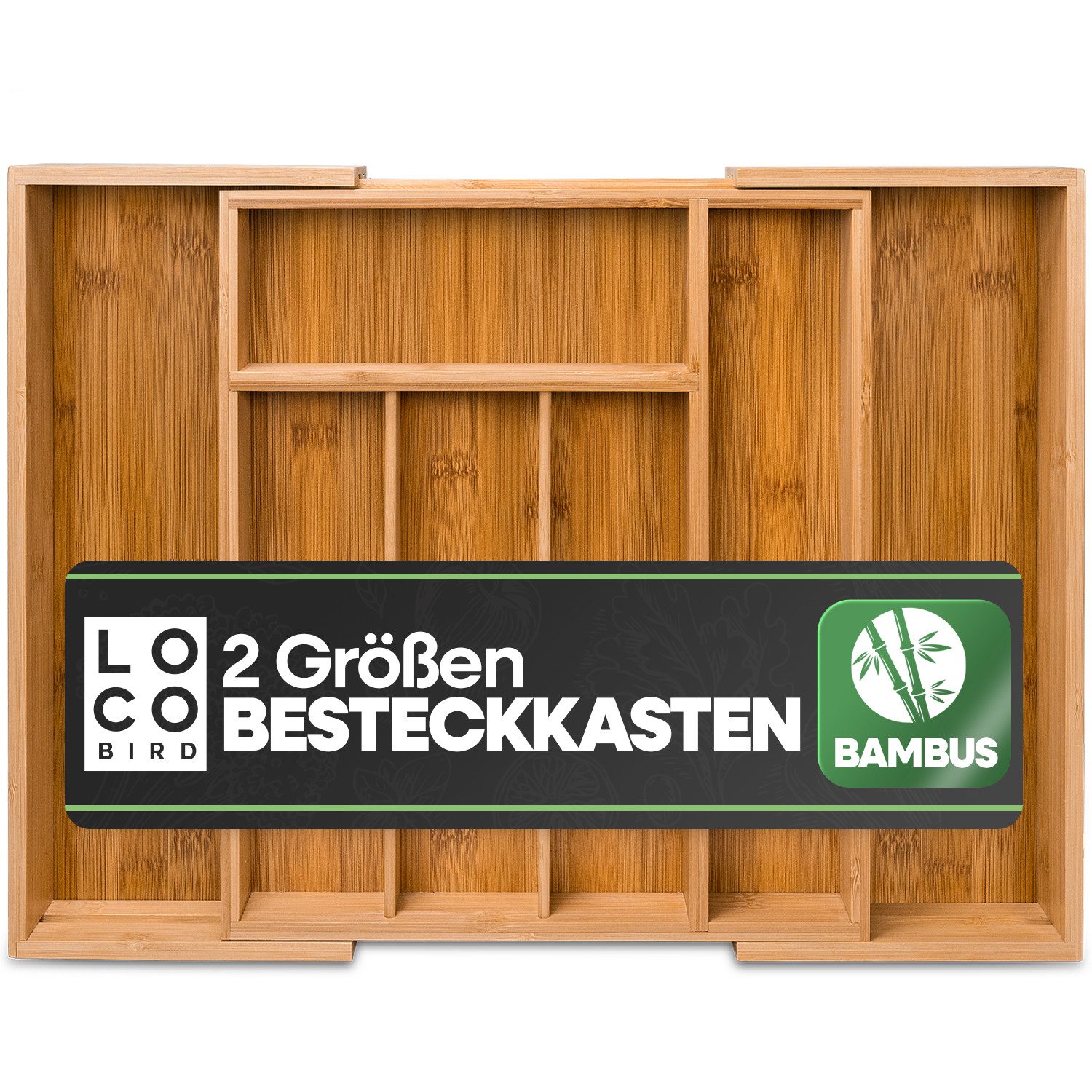 Loco Bird Besteckkasten für Schubladen aus Bambus (Schubladeneinsatz für Küchenschubladen, Nützlicher Besteckeinsatz fur Küchen), Ausziehbar bis zu 7/9 Fächern