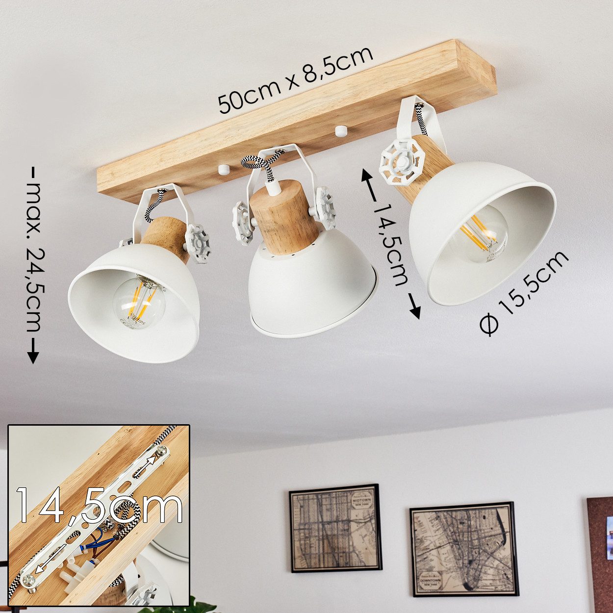 hofstein Deckenleuchte »Cotes« moderne Deckenlampe aus Metall/Holz in Weiß/Natur, ohne Leuchtmittel, Leuchte im skandinavischen Design, verstellbaren Schirmen, 3xE27
