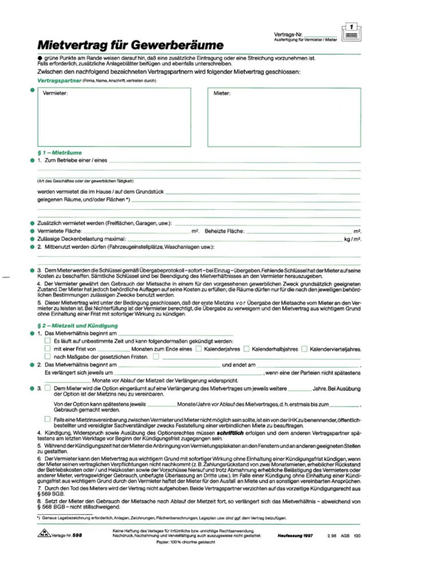 RNK Formularblock RNK Mietvertrag Gewerberaum A4 6 Seiten 10St