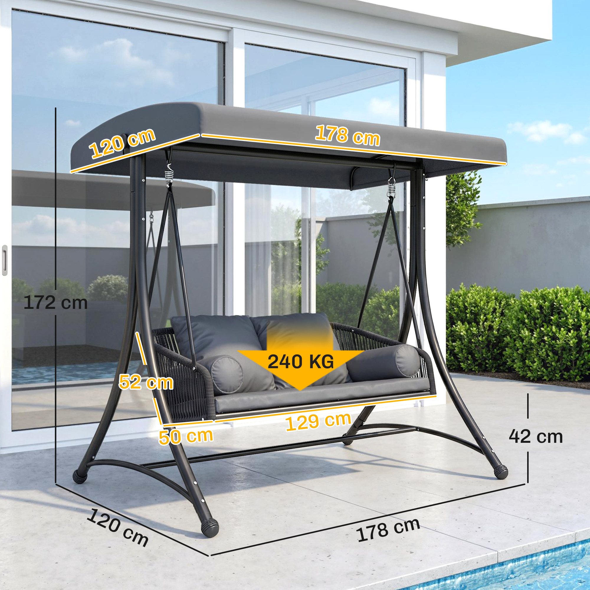 Outsunny Hollywoodschaukel mit Verstellbarem Sonnendach weichem Kissen A-Rahmen, 2-Sitzer, verstellbares Sonnendach, 2-Sitzer Gartenschaukel, 6 tlg., Schaukelbank, für Garten Terrasse 178 x 120 x 172 cm Dunkelgrau