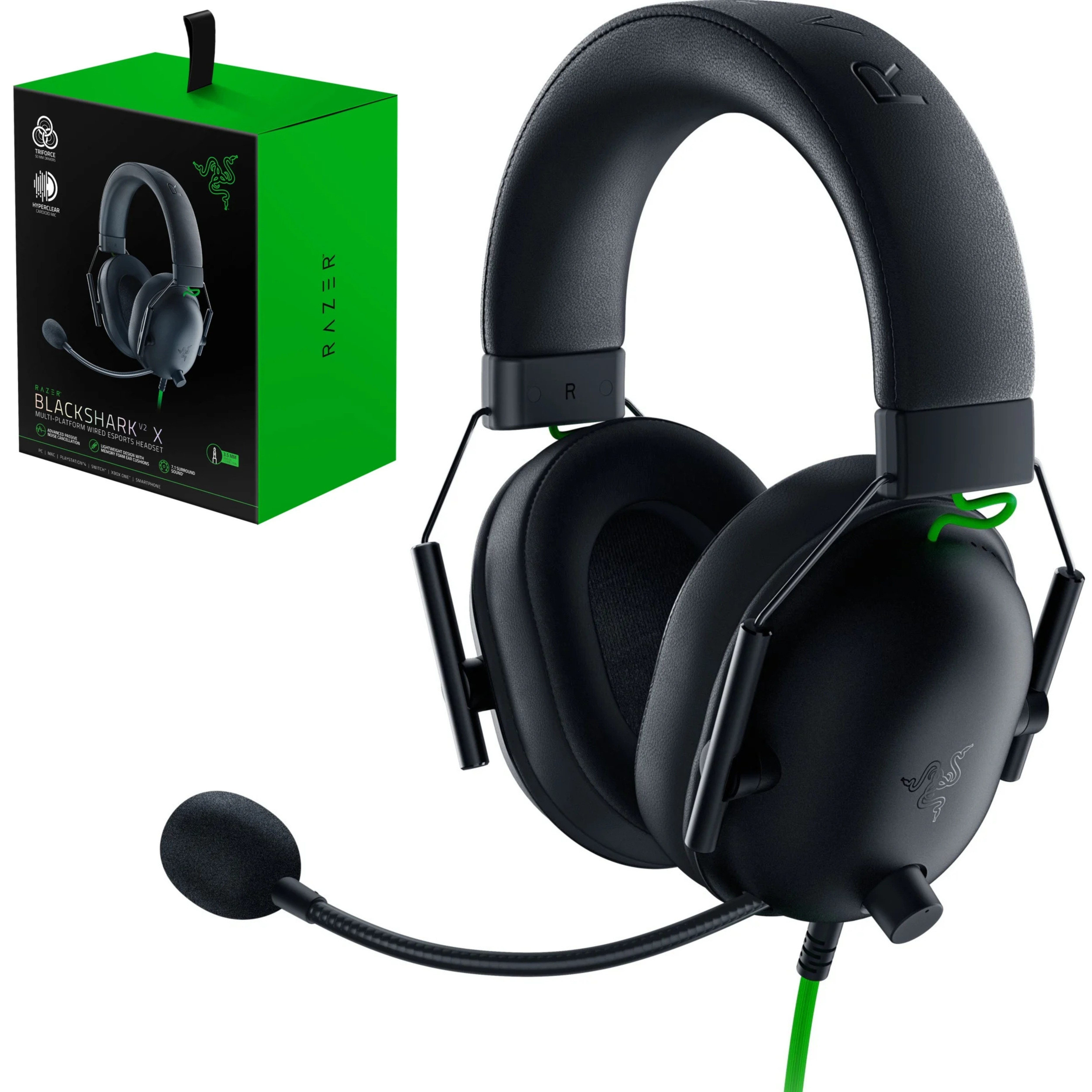 RAZER Blackshark V2 X Over-ear Gaming Headset Schwarz Grün Gaming-Headset (Headset mit Mikrofon, Atmungsaktive Ohrpolster)