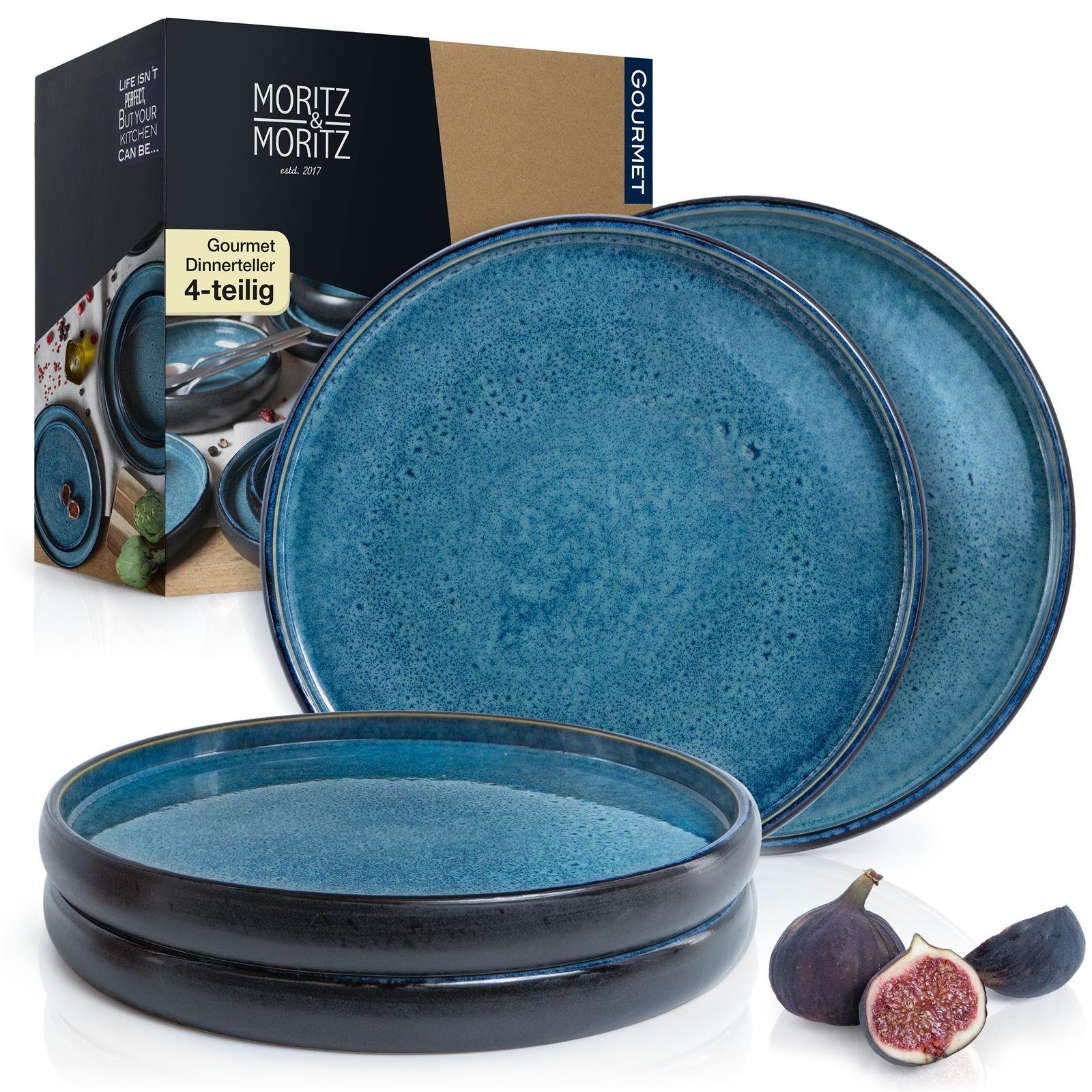Moritz & Moritz Tafelservice SOLID 4x Dinnerteller Blau (4-tlg), 4 Personen, Steinzeug, Geschirrset zum Servieren