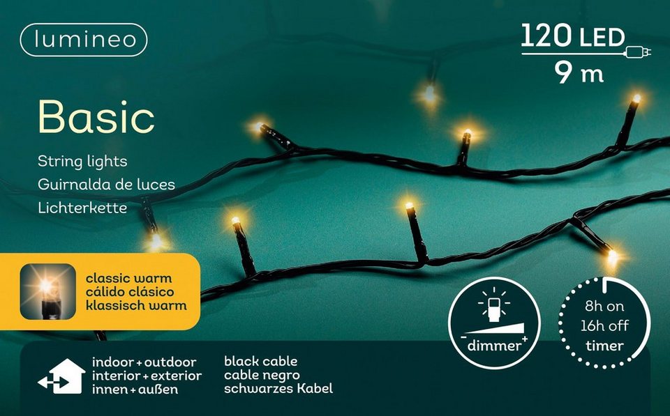 Lumineo LED-Lichterkette Lumineo Lichterkette Basic 120 LED 9 m klassisch  warm, schwarzes Kabel, Dimmbar, Timer, Indoor, Outdoor