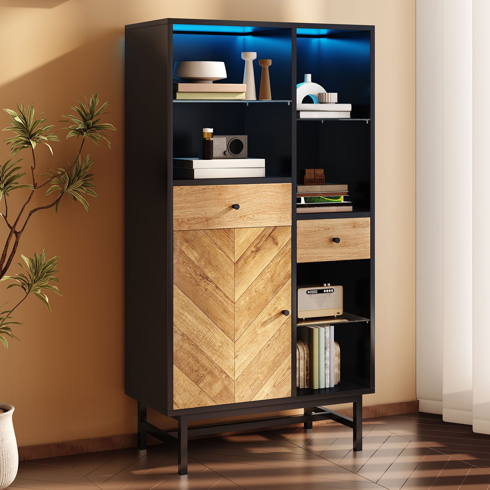 Merax Vitrine mit LED-Beleuchtung, Schubladen und Glasböden (1 St) Hochschr günstig online kaufen