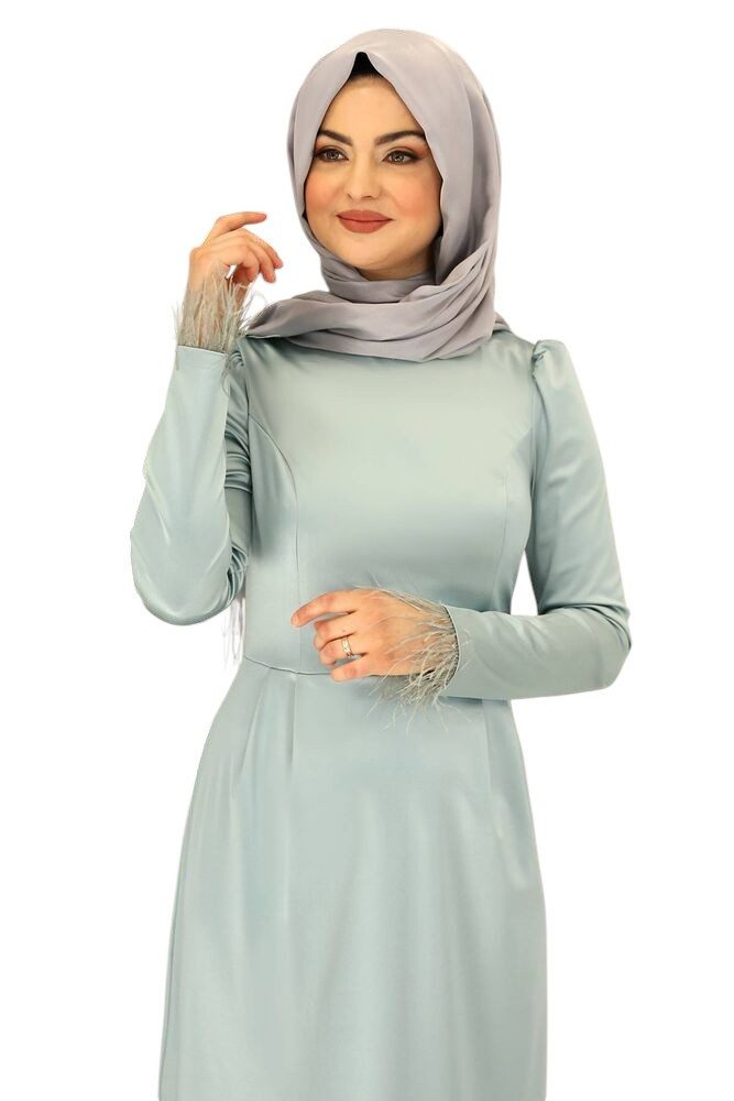 fashionshowcase Satinkleid Damen Abendkleid schlicht Abiye Abaya Modest Fashion Federdetails am Saum und an den Ärmelabschlüssen