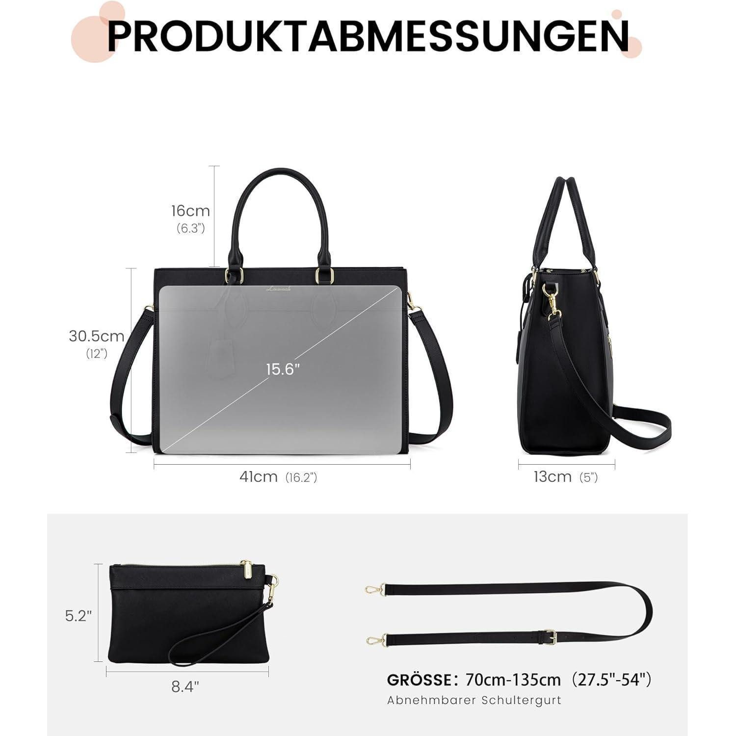 LuxusKollektion Laptoptasche 15,6 Zoll Laptoptasche Damen PU Leder Schwarz wasserdicht – Bild 4 von 5