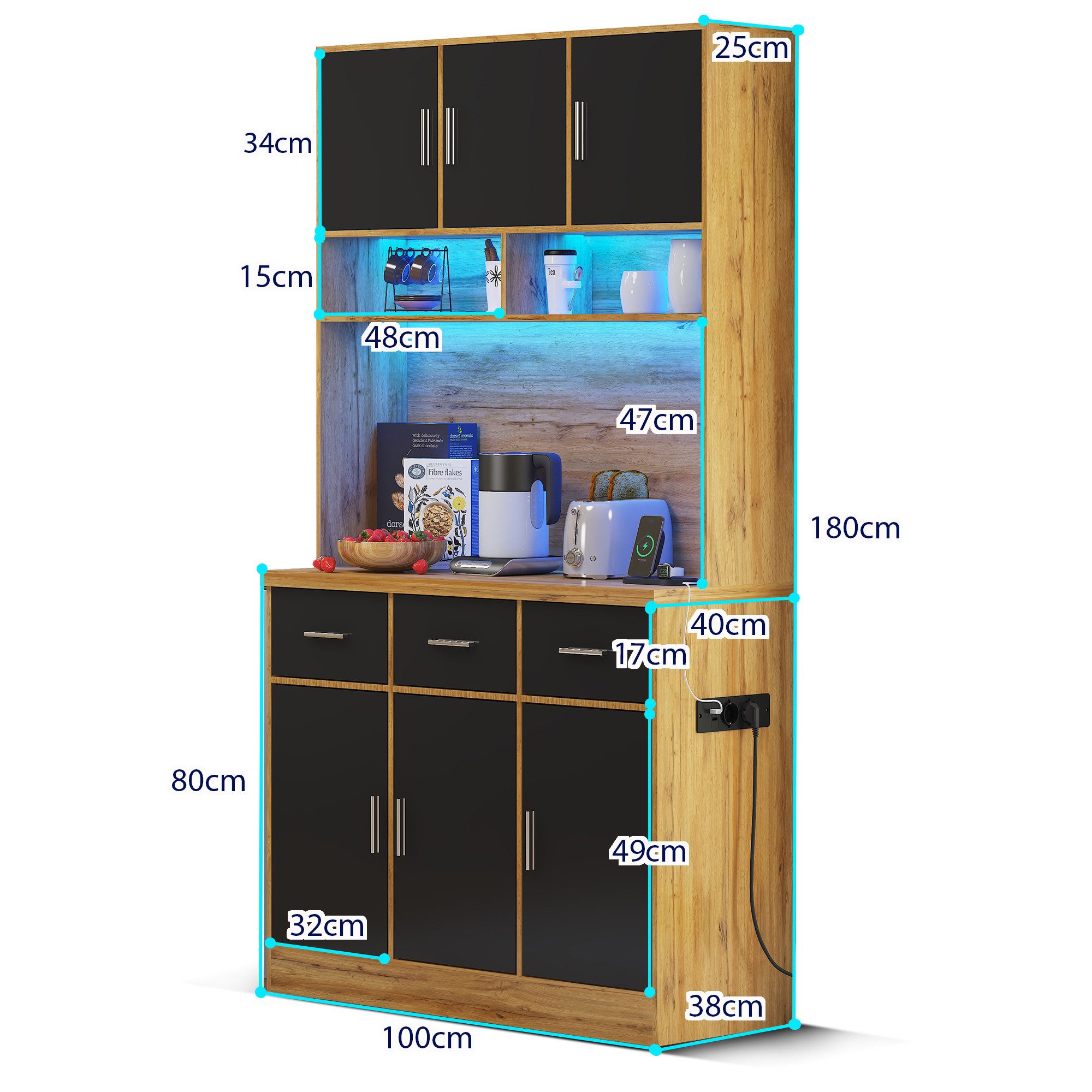 Flieks Küchenbuffet mit LED-Beleuchtung und Steckdosen (1-St., 100x40x180cm) Hochschrank Küchenschrank Geschirrschrank mit verstellbare Ablagen – Bild 4 von 5