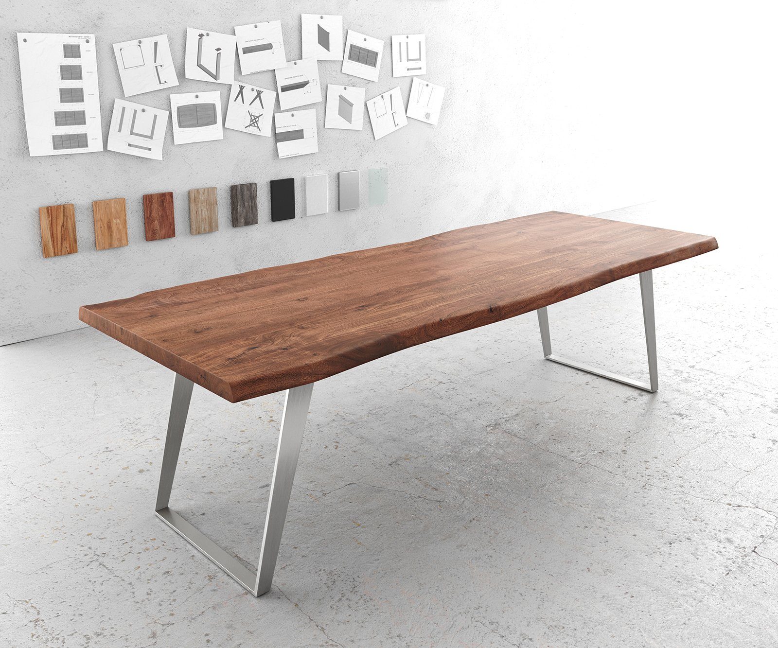 DELIFE Tischplatte Live-Edge Baumtisch 140x90x3,5 Akazie Platin Holzplatte Massiv 