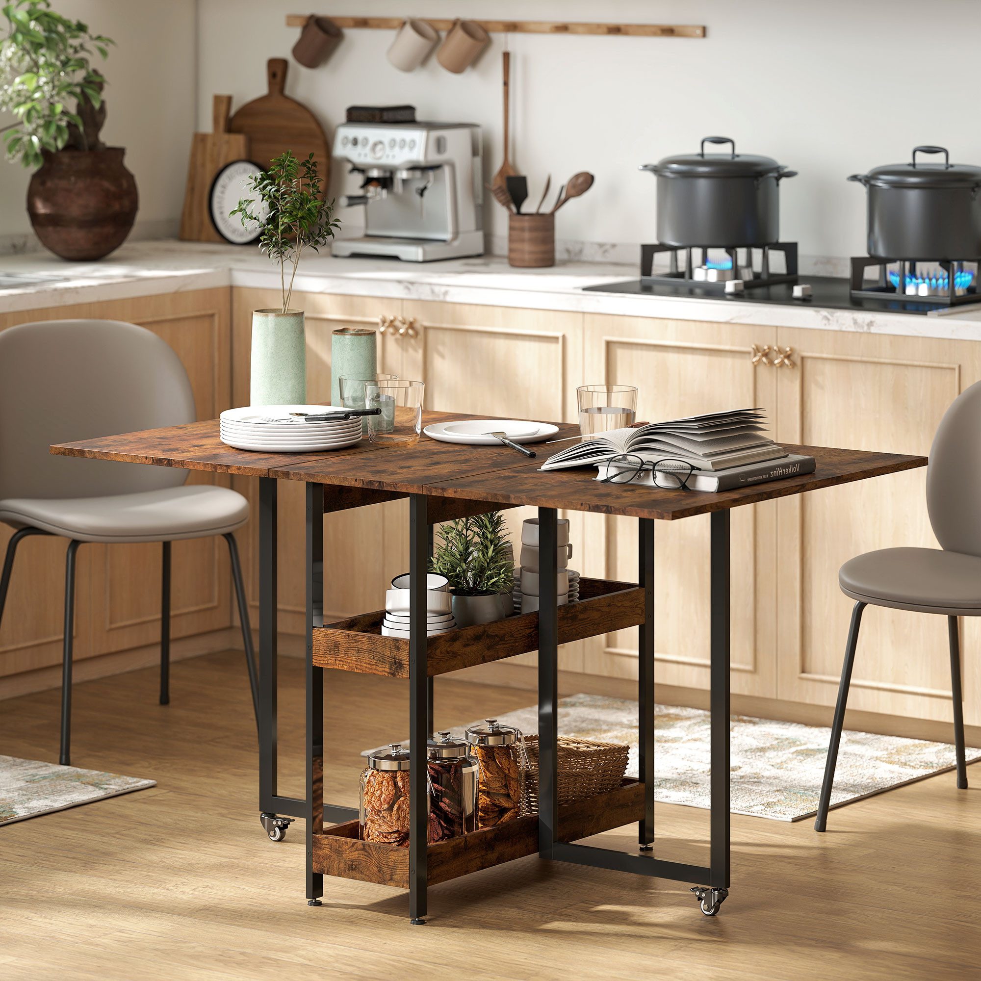 HOMCOM Klapptisch Esstisch Klappbar für 2-4 Personen mit 2 Offenen Ablagen (Küchentisch, 1-St., Mobiler Esszimmertisch), für Kleine Räume, Esszimmer, Küche 133,4 x 80 x 74 cm Rustikal-Braun