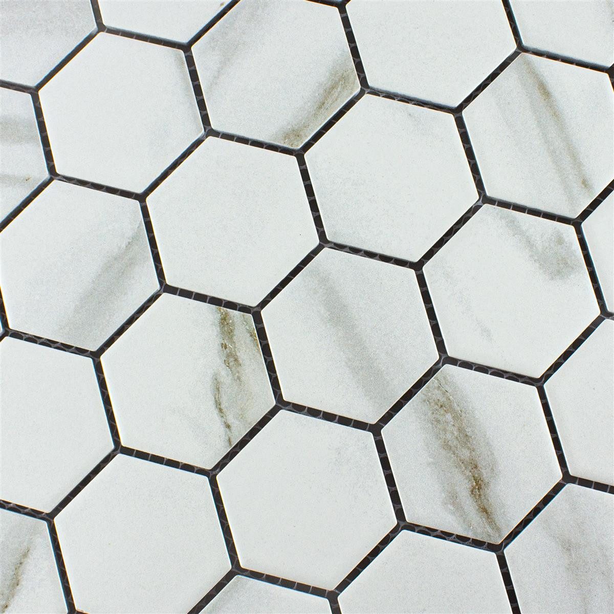 Mosafil Mosaikfliesen Keramik Mosaik Fliesen Hilgard Steinoptik Hexagon Calacatta, Keramik 32.500x28.100, weiß-beige-calacatta, Verlegefertig auf ein Netz geklebt - Frostsicher - Wasserfest