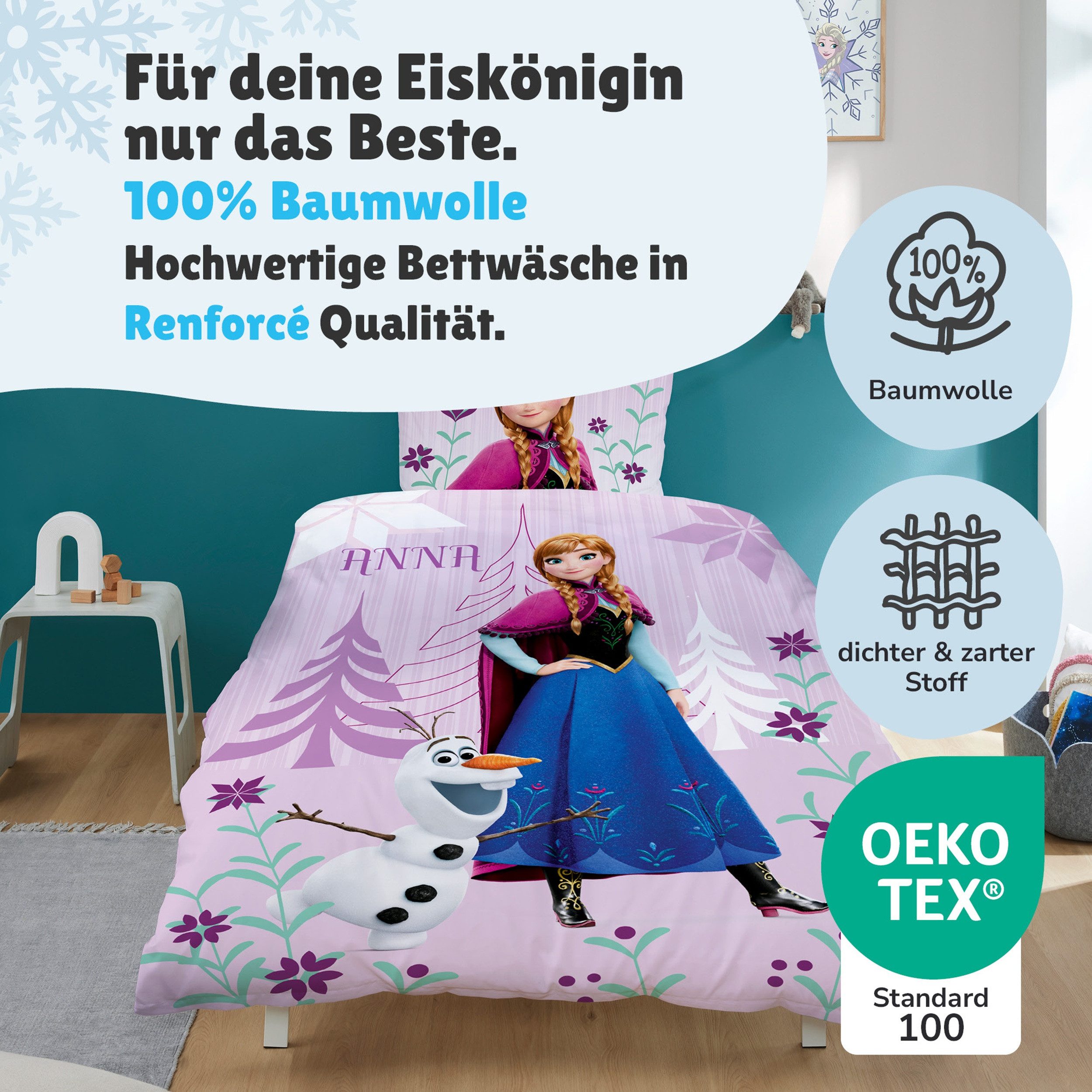 Familando Kinderbettwäsche Set Disney Frozen Die Eiskönigin 135x200 + 80x80 cm aus 100% Baumwolle, Renforcé, 2 teilig, "Diamonds" mit Anna, Elsa und Olaf