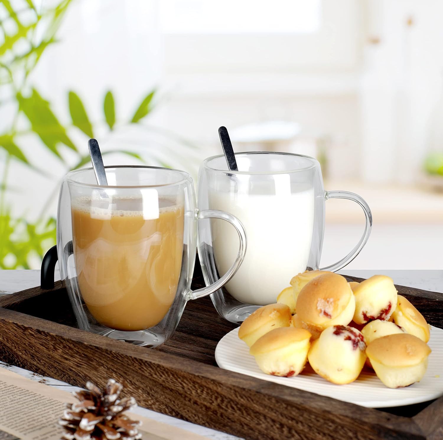 LIBWYS Thermotasse Doppelwandige Kaffeetassen aus Glas 6x350 ml mit Griff und Löffel, Glas, Doppelwandige Kaffeetassen aus Glas mit Griff und Löffeln im Set