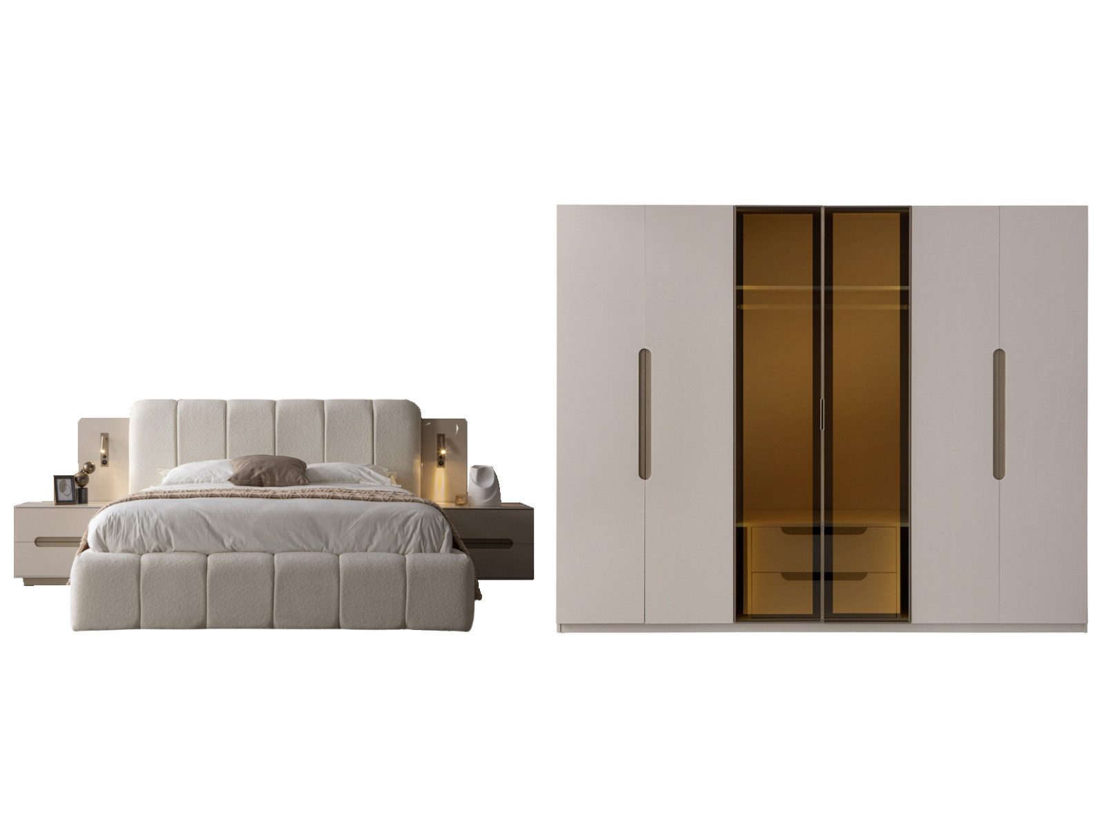Villa Möbel Schlafzimmer-Set Maldiv, (Schlafzimmer-Set, 4-tlg., Bett mit Kopfteil, 2 Nachttische und Kleiderschrank), Polsterbett Beleuchtung Kleiderschrank Glastüren 2 Nachttische