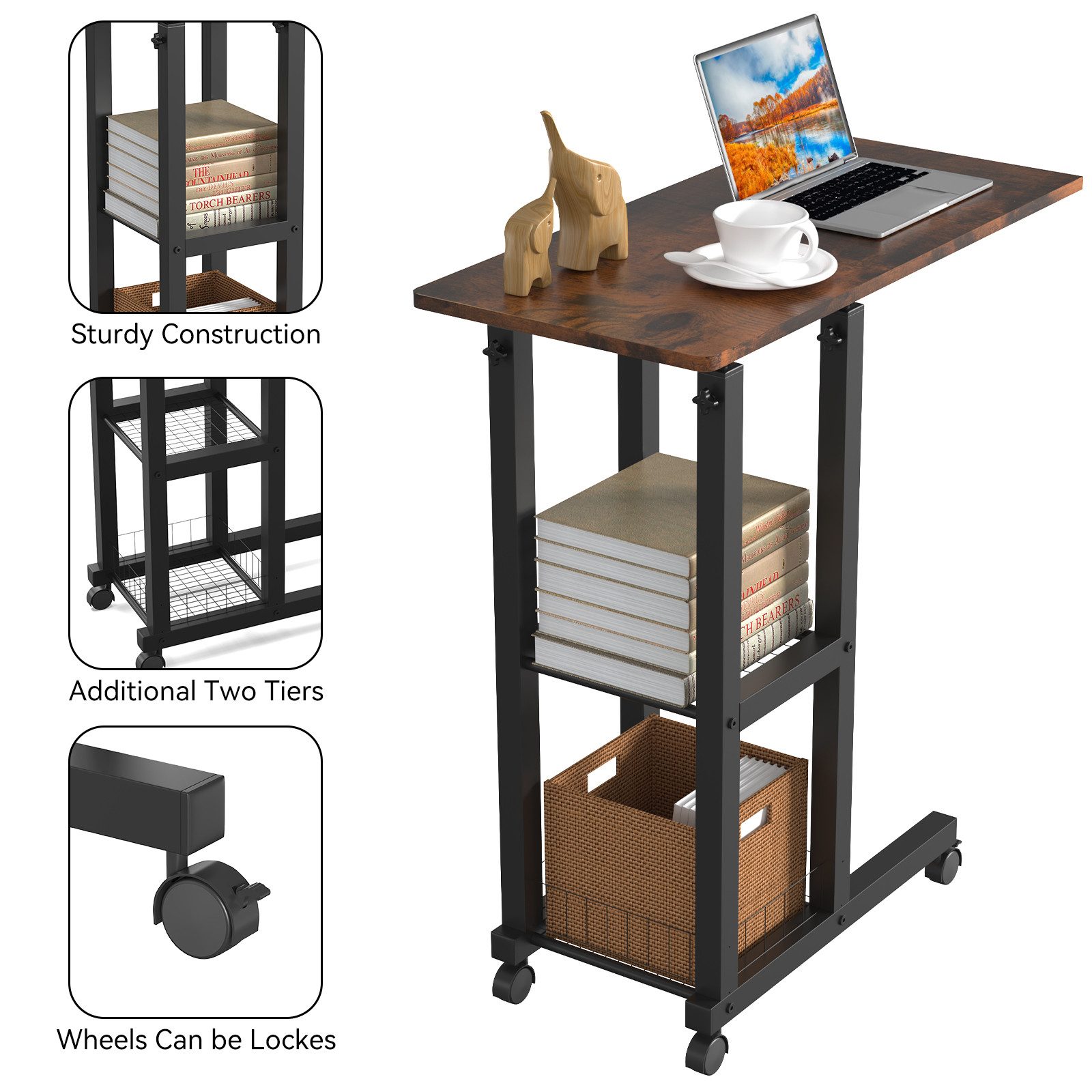 JEOBEST Beistelltisch Couchtisch mit Rollen Laptoptisch Höhenverstellbar Schreibtisch, Sofatisch Nachttisch Kaffeetisch mit 2 unteren Regalen, C-förmig – Bild 2 von 5