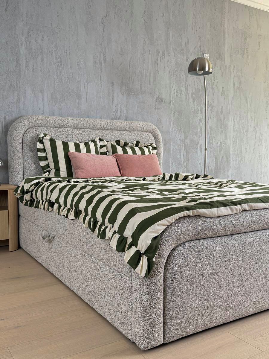 Compleo Boxspringbett Doppelbett mit abgerundetem Kopfteil & hoher Schlafkomfort (von 120 bis 200x200 cm) TOPSELLER, Modernes Schlafbett), Stauraumbett mit Webstoffbezug, Bonellfederkernmatratze