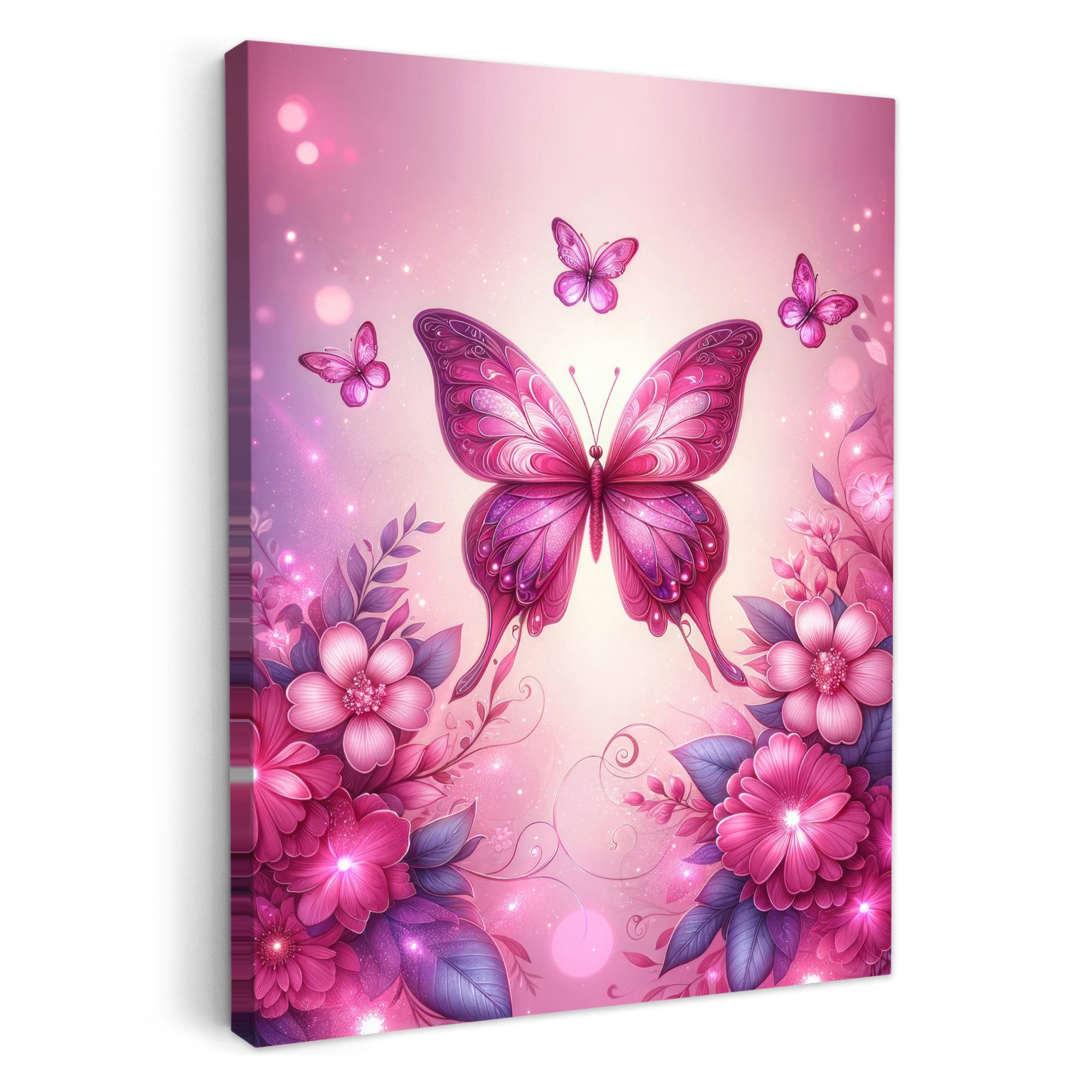 OneMillionCanvasses® Leinwandbild Schmetterling - Rosa - Blumen, Fotodruck (1 St), Babyzimmer Deko, Bilder für Mädchen und Jungen 30x40 cm