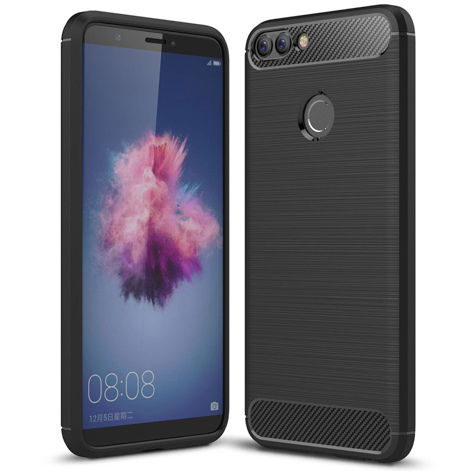 Nalia Smartphone-Hülle Huawei P Smart, Carbon Look Silikon Hülle / Matt Schwarz / Rutschfest / Karbon Optik