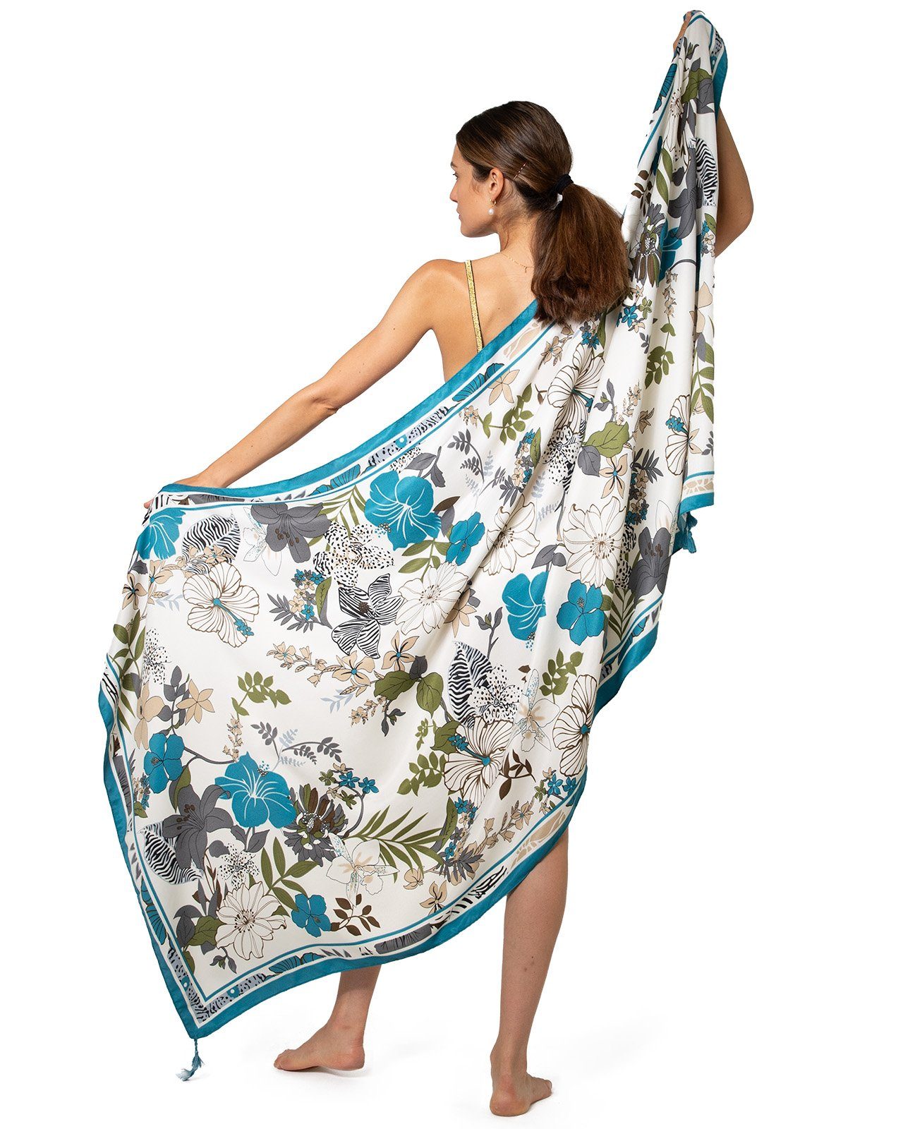 MayTree Modeschal Strandtuch Damen mit Blütenmustern 85 x180 blau grau Sarong Pareo Tuch, (Stück, 1-St)