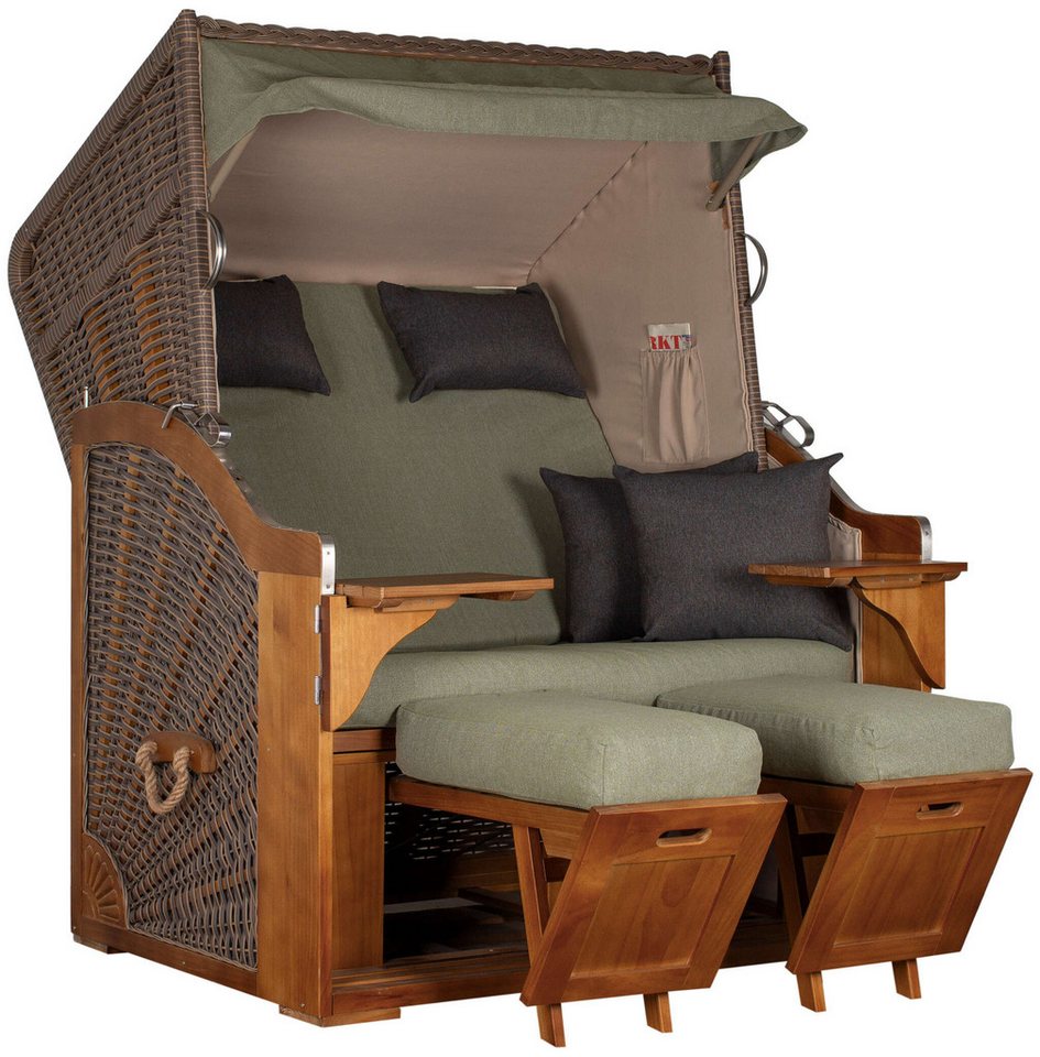 MR.DEKO Strandkorb 2-Sitzer Schleswig Pinie Braun PE Mokka, aufgebaut geliefert, BxTxH: 120x80x160 cm, 2-Sitzer, Schleswig, (Zweisitzer Strandkorb mit Bistrotischen & Fußstützen), Bereits montiert, UV-beständig, Volllieger & Edelstahl-Beschläge