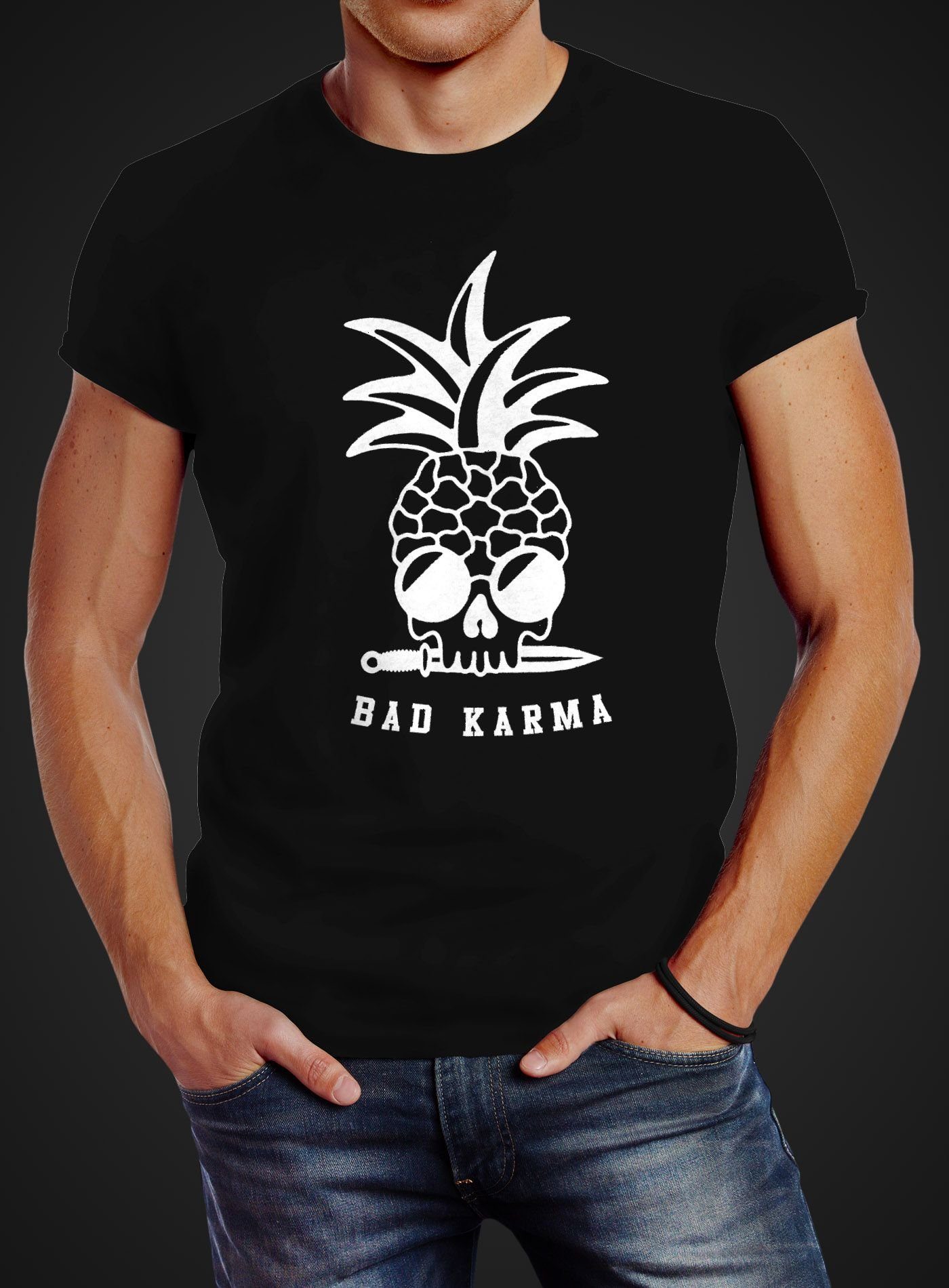 Print-Shirt Neverless® T-Shirt Karma Pineapple Neverless Totenkopf Print Fit Sonnenbrille Ananas schwarz Slim Skull mit Bad Herren