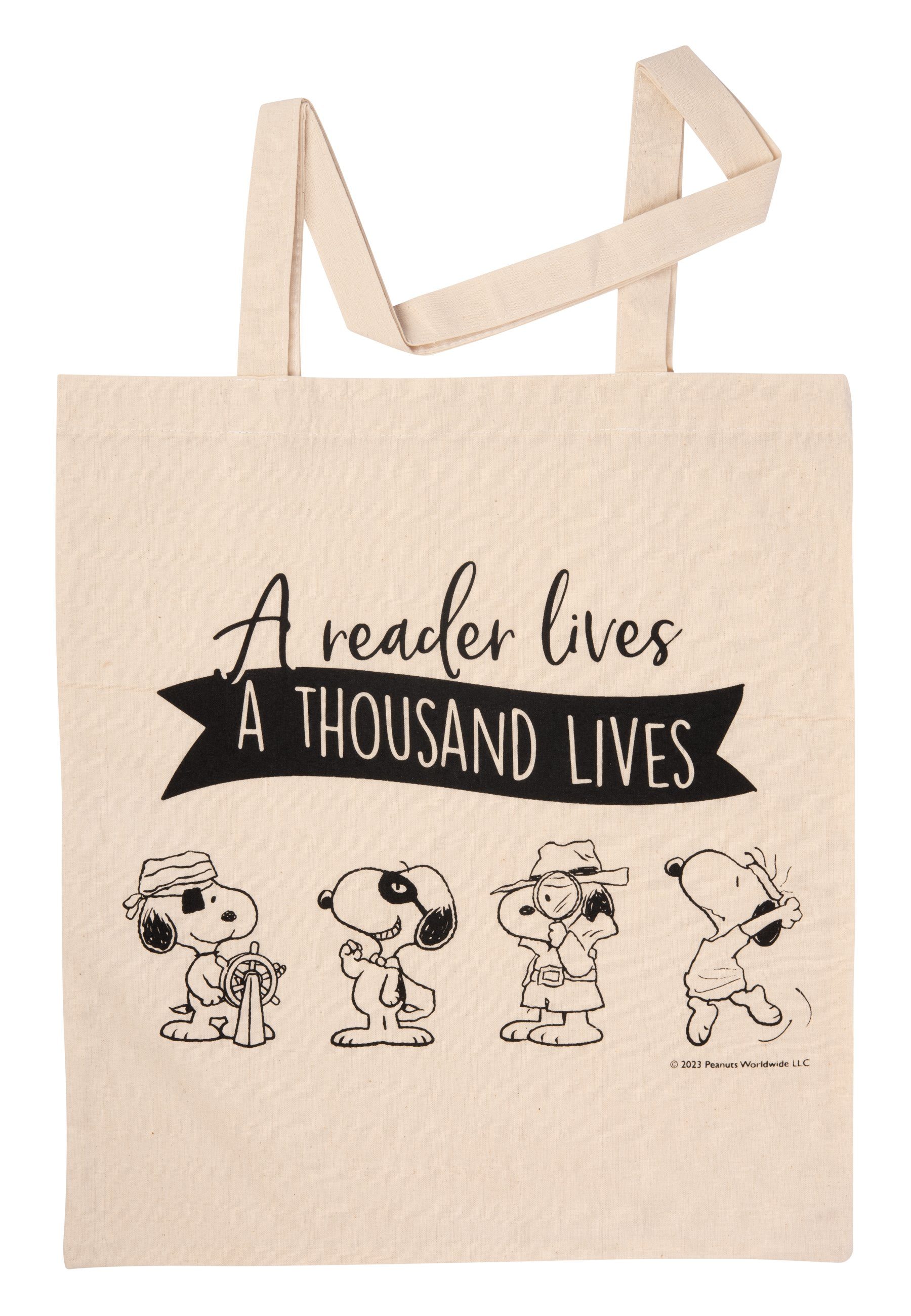 United Labels® Tragetasche The Peanuts Snoopy Stoffbeutel A reader lives a thousand lives Beige