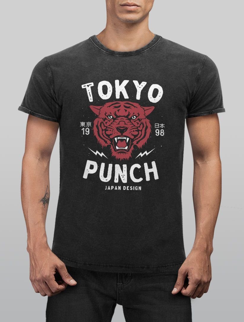 Print-Shirt Print Japan T-Shirt Punch Tigerkopf Streetstyle Fashion Herren Printshirt Used Neverless® Print Schriftzug Neverless Aufdruck mit Design Tokio Vintage Look Shirt Style Vintage