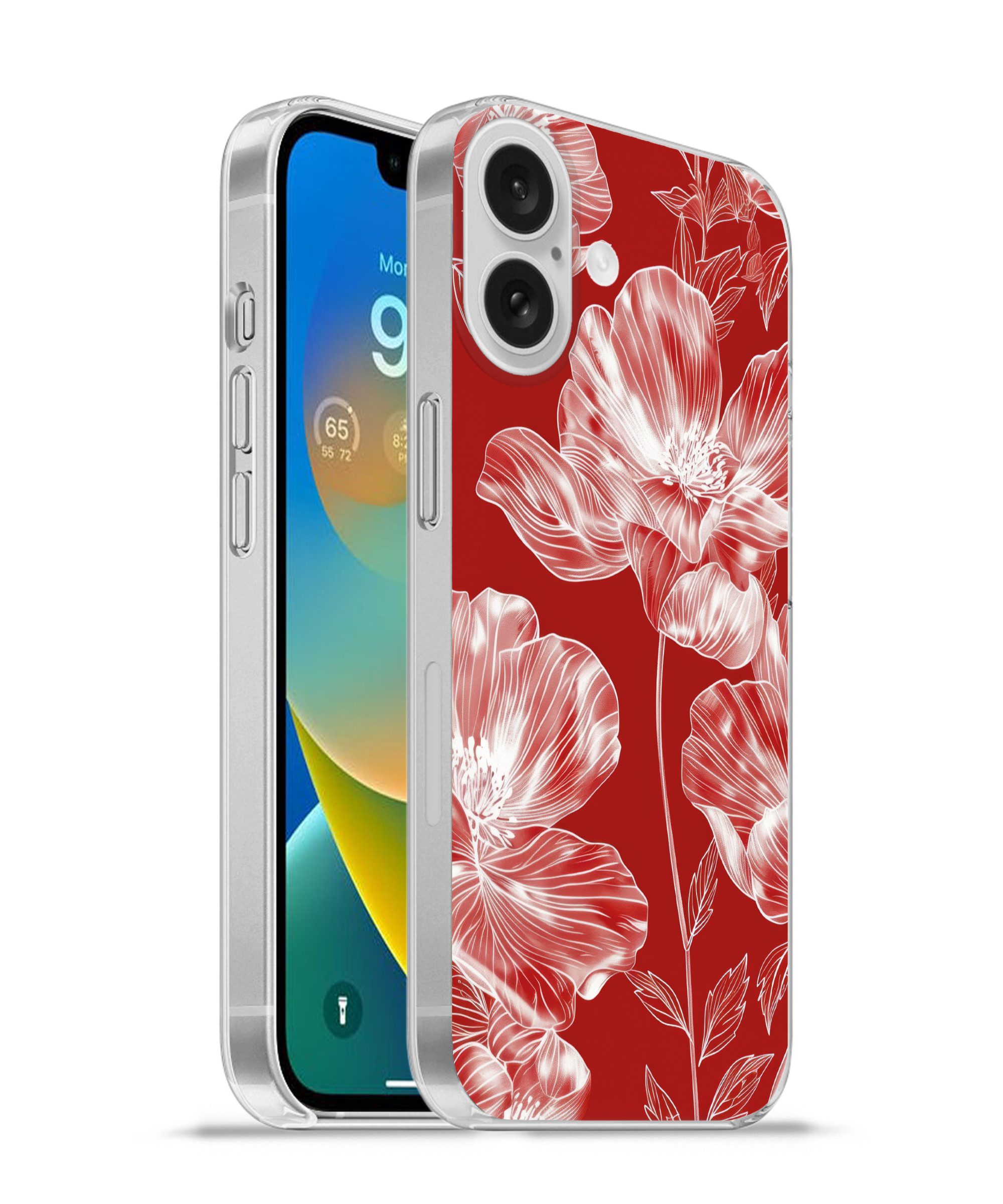 MuchoWow Handyhülle für Apple iPhone 16 Blumen - Muster - Rot - Weiß, Smartphone-Bumper, Print, Handy Schutzhülle Dünn