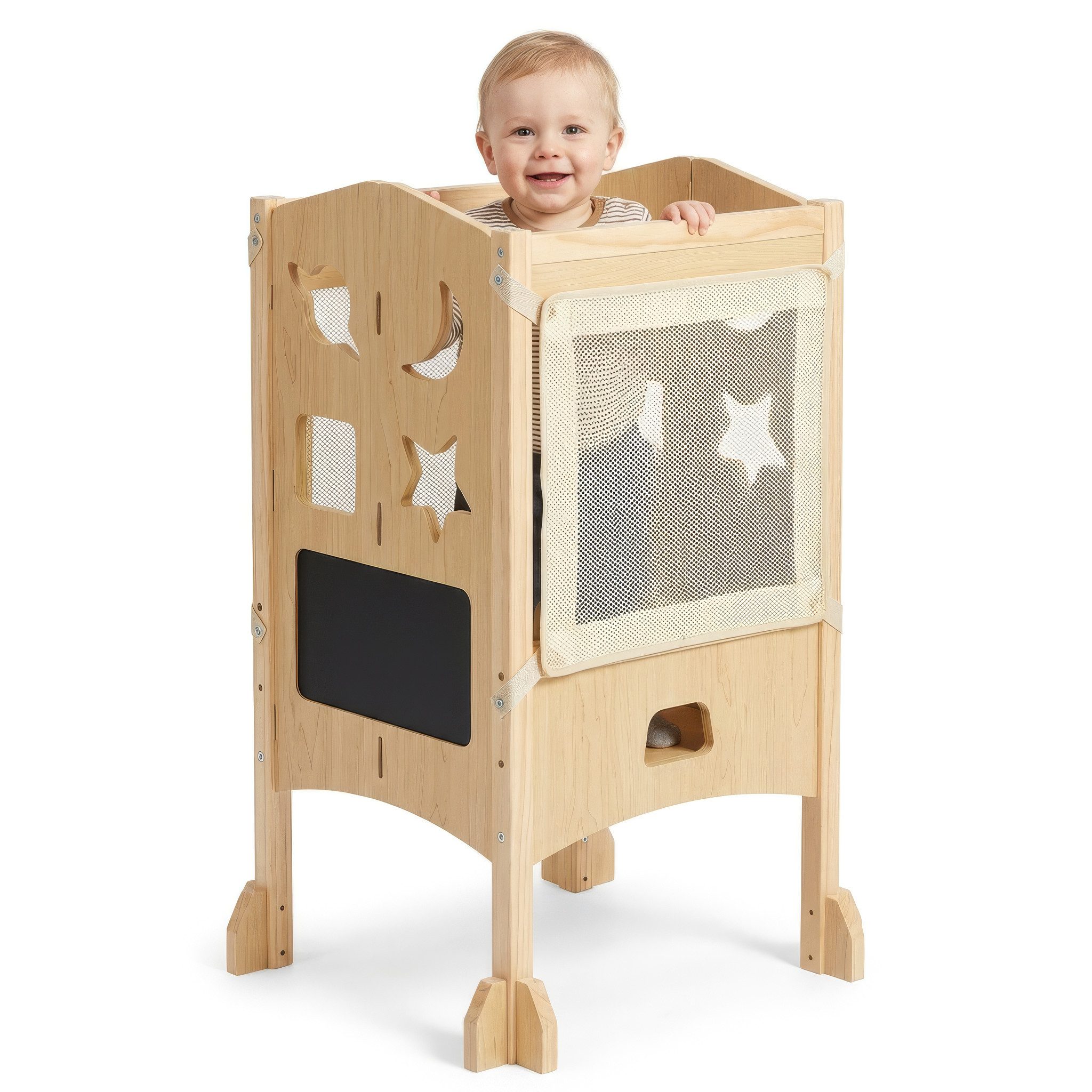 BabyBeFun Stehhilfe Lernturm ab 1 Jahr - [Extra Sicher] klappbar inkl. Sicherheitsnetz, 360° Schutz durch Sicherheitsnetz, Klappbar, Extra Sicher und Stabil