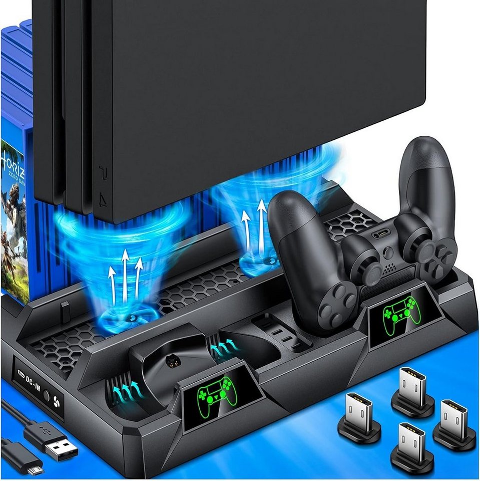 Haiaveng PS4 Vertical Stand mit Controller Ladestation Zubehör PlayStation  4 Pro (Lüfter für Playstation 4/PS4 Pro/PS4 Slim mit 16 Spiele Lagerung)