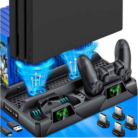 Haiaveng PS4 Vertical Stand mit Controller Ladestation Zubehör PlayStation 4 Pro (Lüfter für Playstation 4/PS4 Pro/PS4 Slim mit 16 Spiele Lagerung)