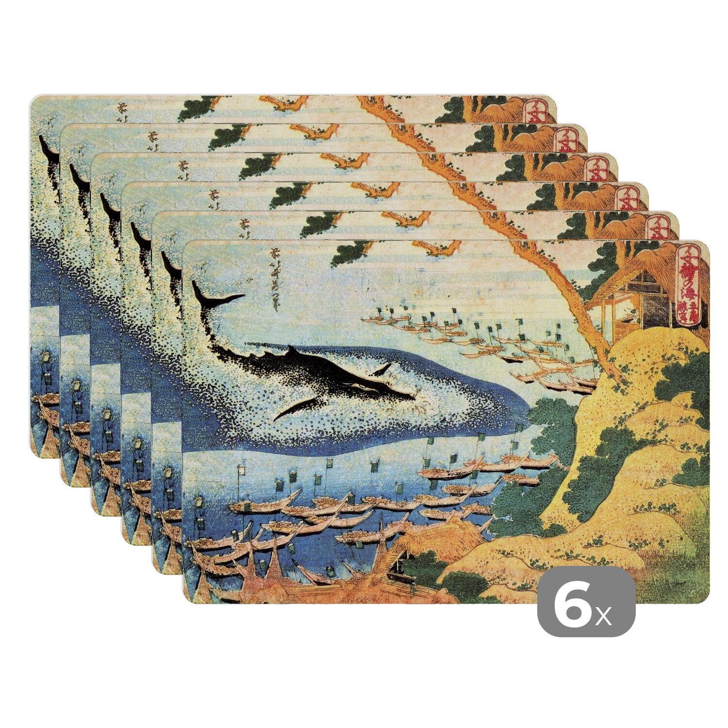 Platzset, MuchoWow, (6-St), Ein bei Platzmatte, Goto - Gemälde Schmutzabweisend Katsushika Platzdecken, Wal von Platzset, Hokusai, Tischmatten,