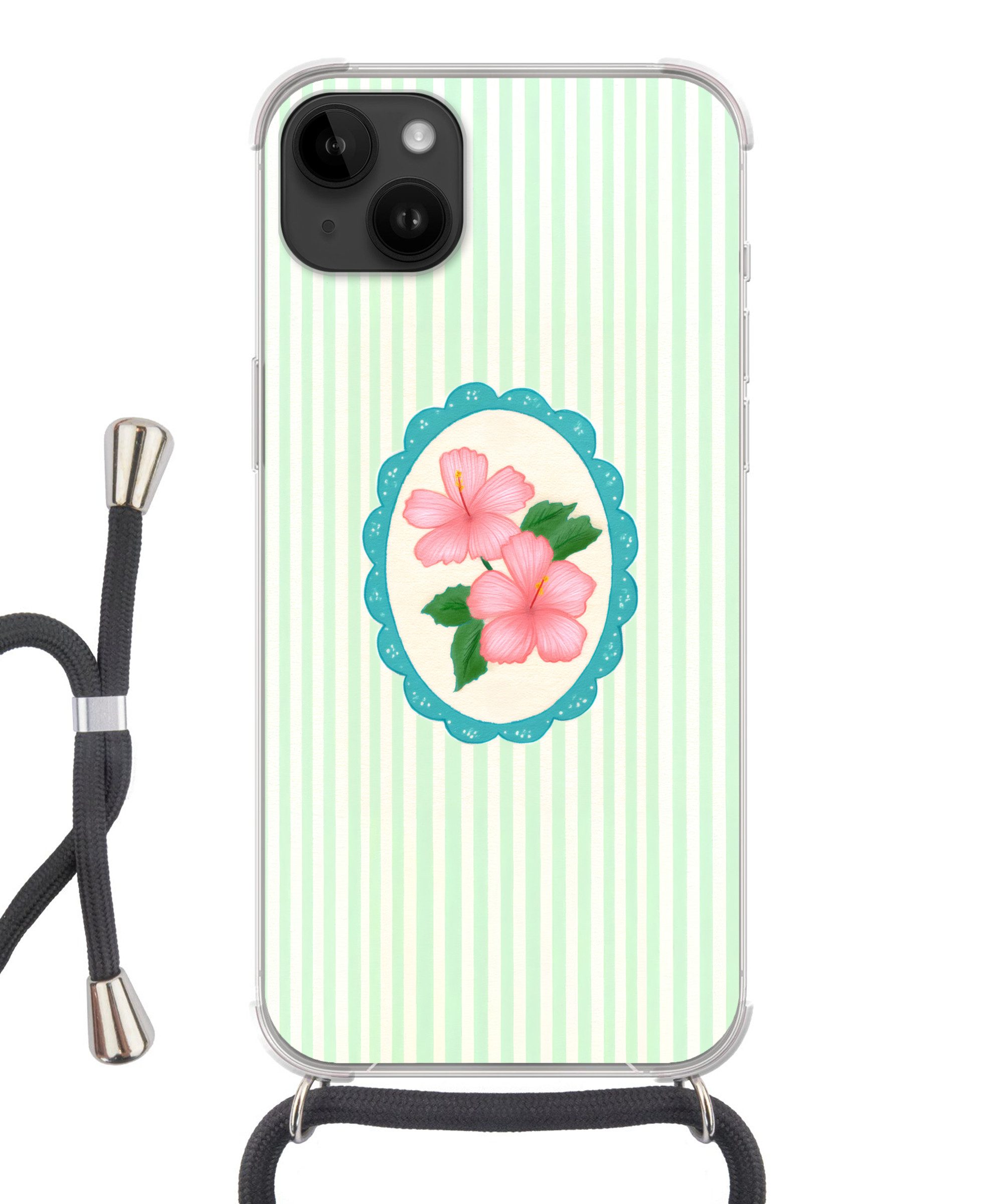 MuchoWow Handyhülle für Apple iPhone 14 Max Blumen - Oval - Streifen - Grün, Tragbare Handyhüllen mit Kette zum umhängen, Handykette Handyband