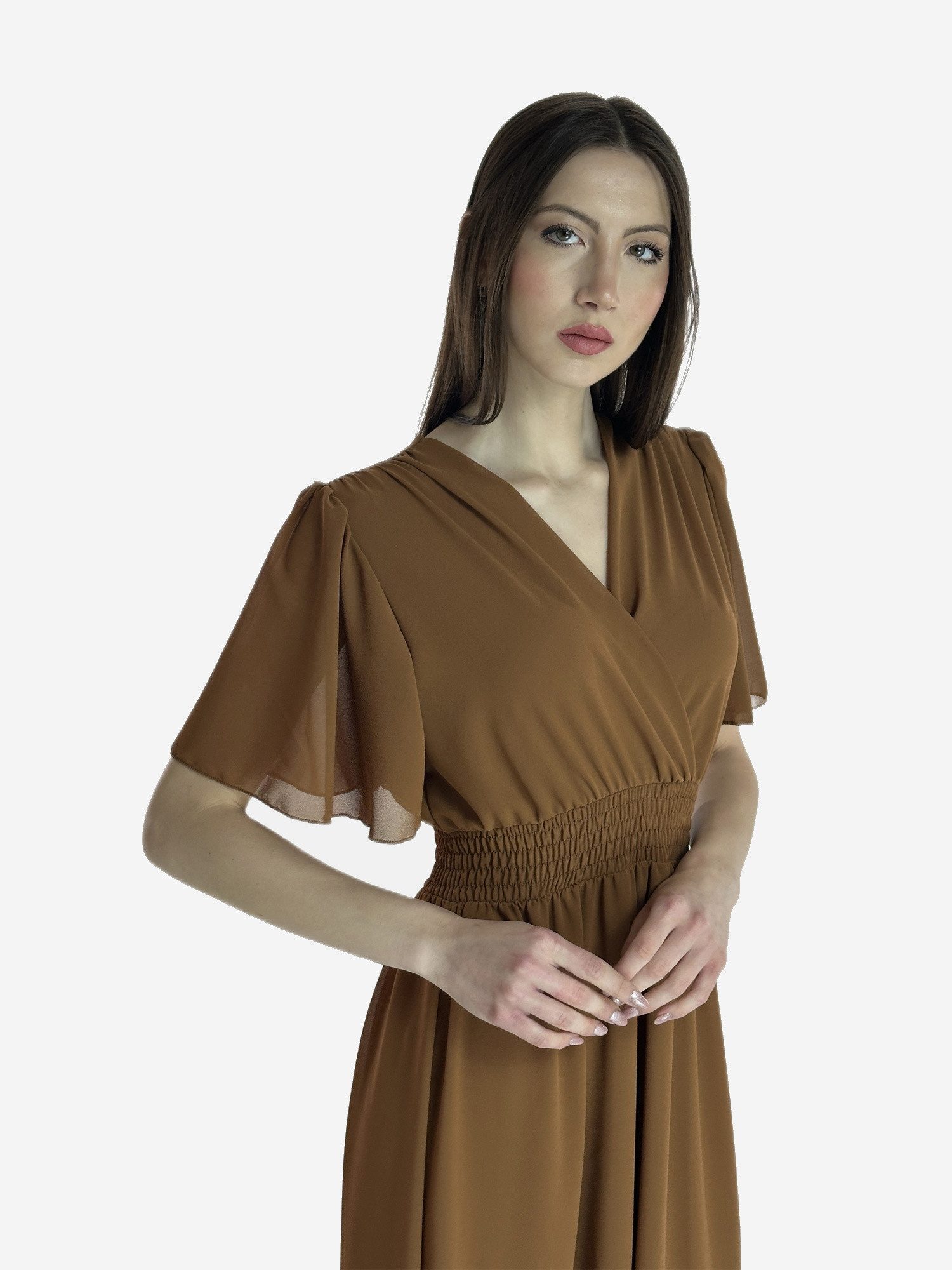 Elara Maxikleid — Damen Sommerkleid mit Wickeloptik, Smoktaille & Flügelärmeln (1-tlg) – Bild 5 von 5