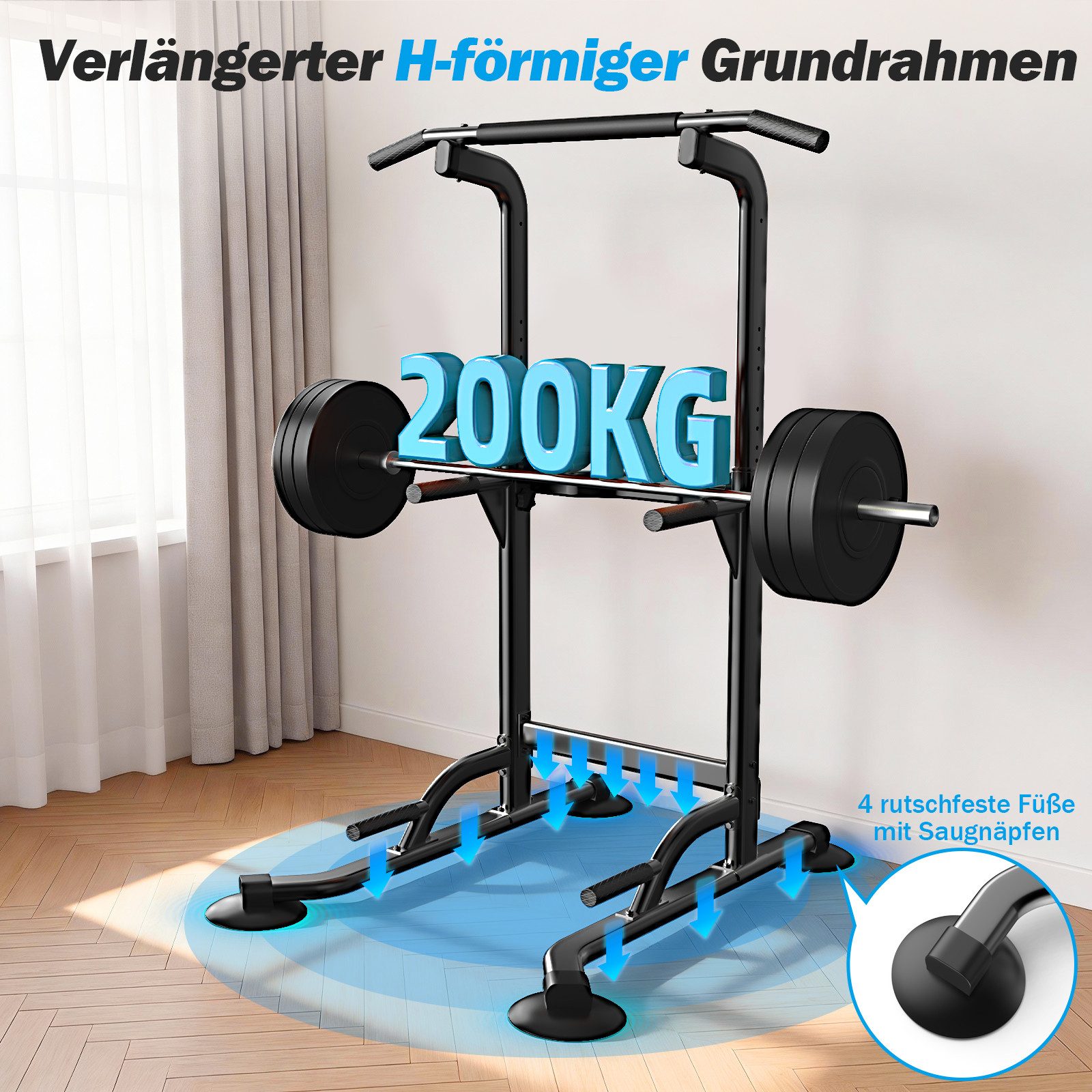 Botifly Kraftstation Multifunktional Power Tower Dip Station - Fitnessstation, (Ergonomisch Kraftstation - mit Klimmzugstange für Zuhause), 10-stufige Höhenverstellung 170–210 cm - Belastbarkeit 200 kg