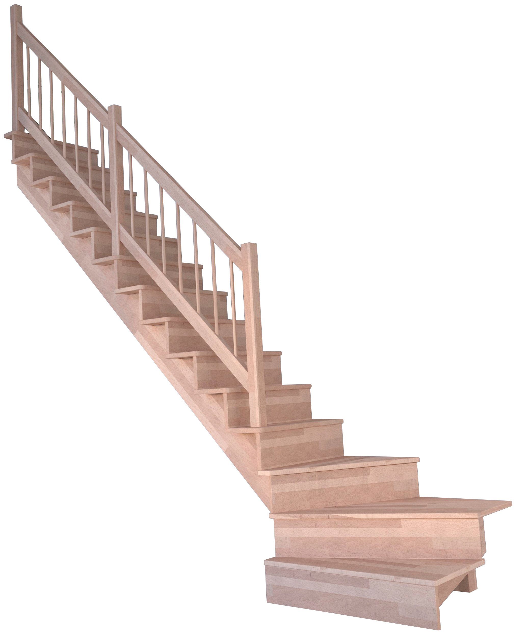 Starwood Systemtreppe Massivholz Lindos, Holz-Holz Design Geländer, für Geschosshöhen bis 300 cm, Stufen geschlossen, gewendelt Links, Durchgehende Wangenteile