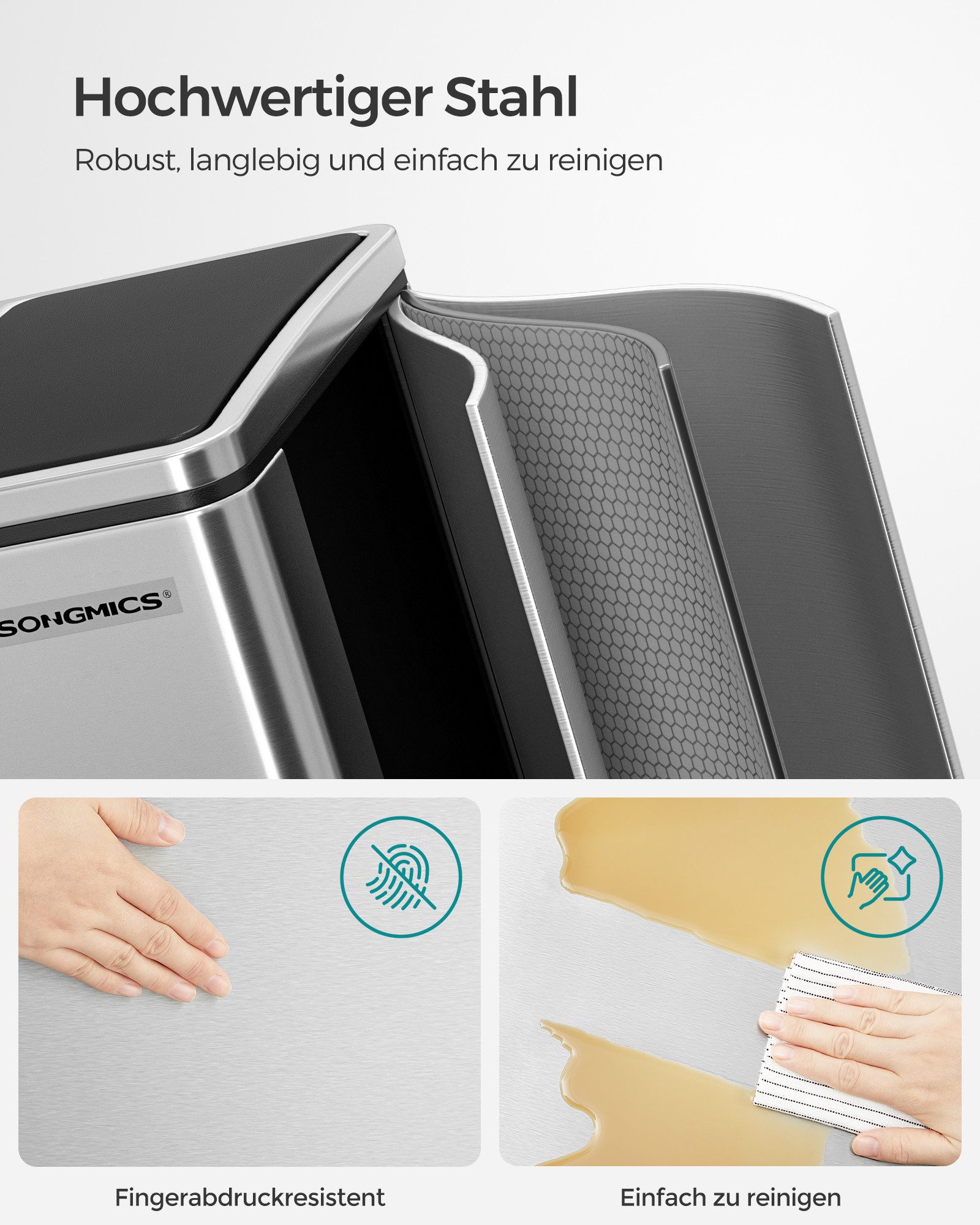 SONGMICS Mülleimer 2 Fächer, Mülltrennsystem, Treteimer, Abfalleimer Küche, 15 Müllsäcke, 2 x 15 L, Inneneimer aus Kunststoff, Klappdeckel, Softclose, luftdicht
