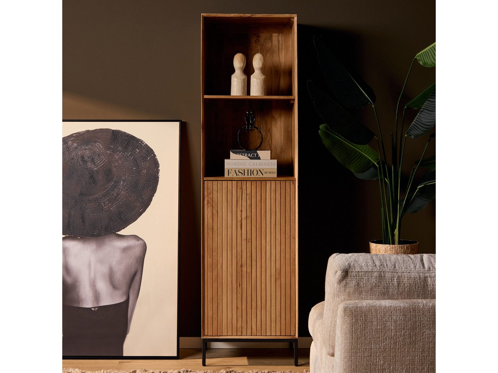 Villa Möbel Regal, Packung 1-tlg., Massives Mangoholz, Latten-Optik, 2 Fächer & stabiler Metallrahmen