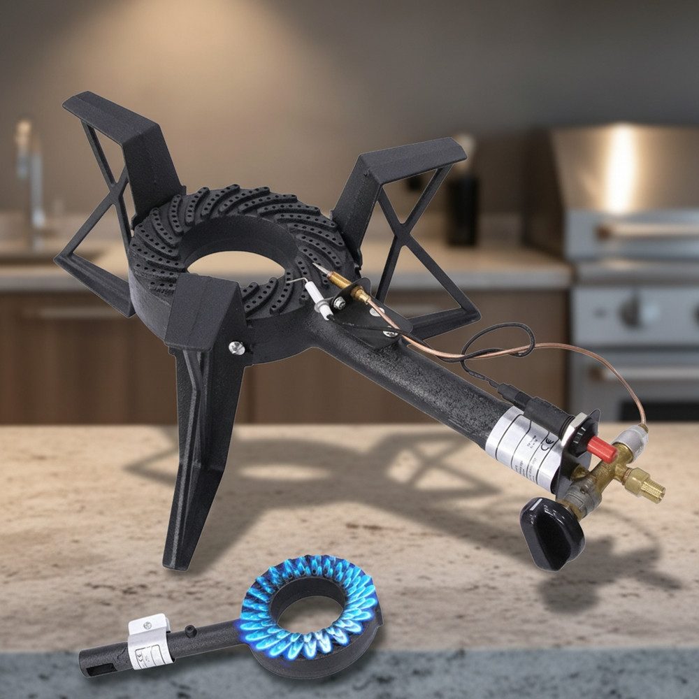 Feel2Home Gaskocher Hockerkocher Piezozündung 3 Bein 10,5KW Gasbrenner Gaskocher Gusseisen, (kein Set, 1-St., Premium-Gaskocher), Piezozündung