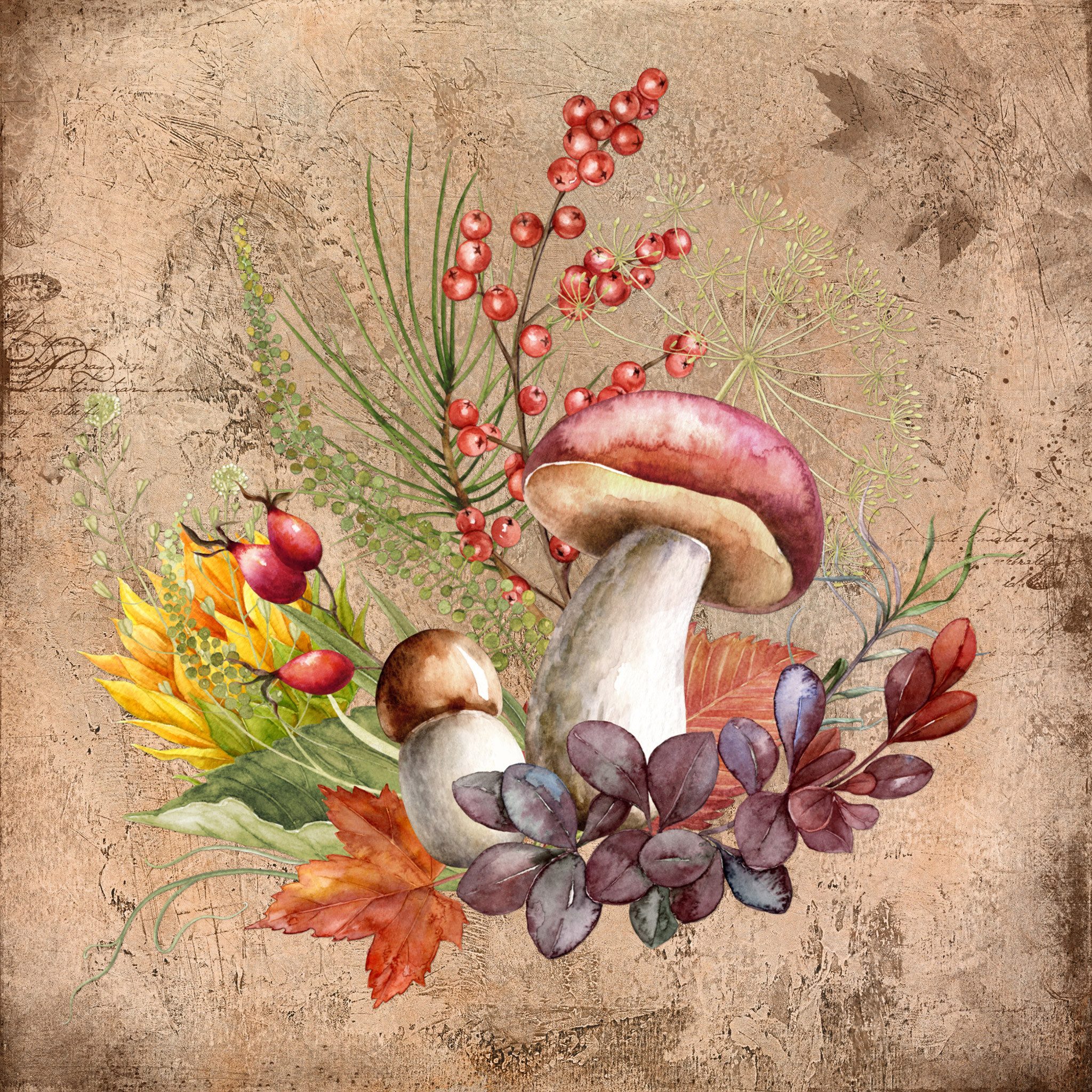 ti-flair Papierserviette, Servietten Papier 33x33cm 3-lag. mit Pilz Motiv 20 Stück