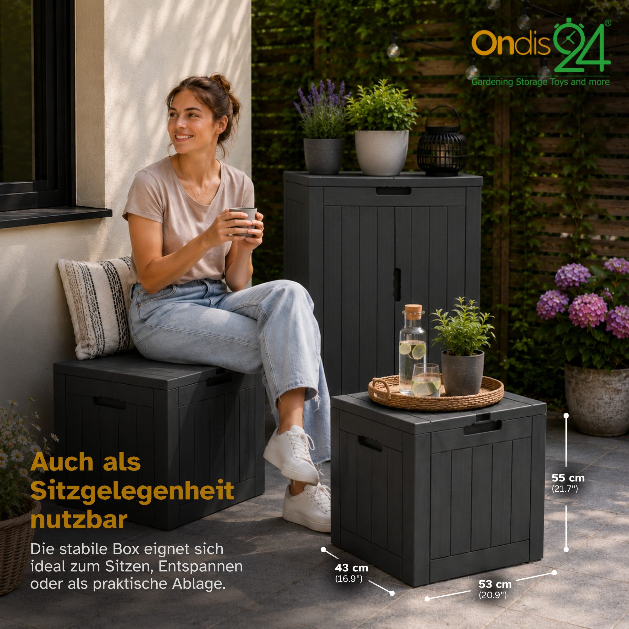ONDIS24 Gartenbox City Cube Holzoptik Kissenbox Poolbox Sitztruhe 110L, UV,- und witterungsbeständig, abschließbar