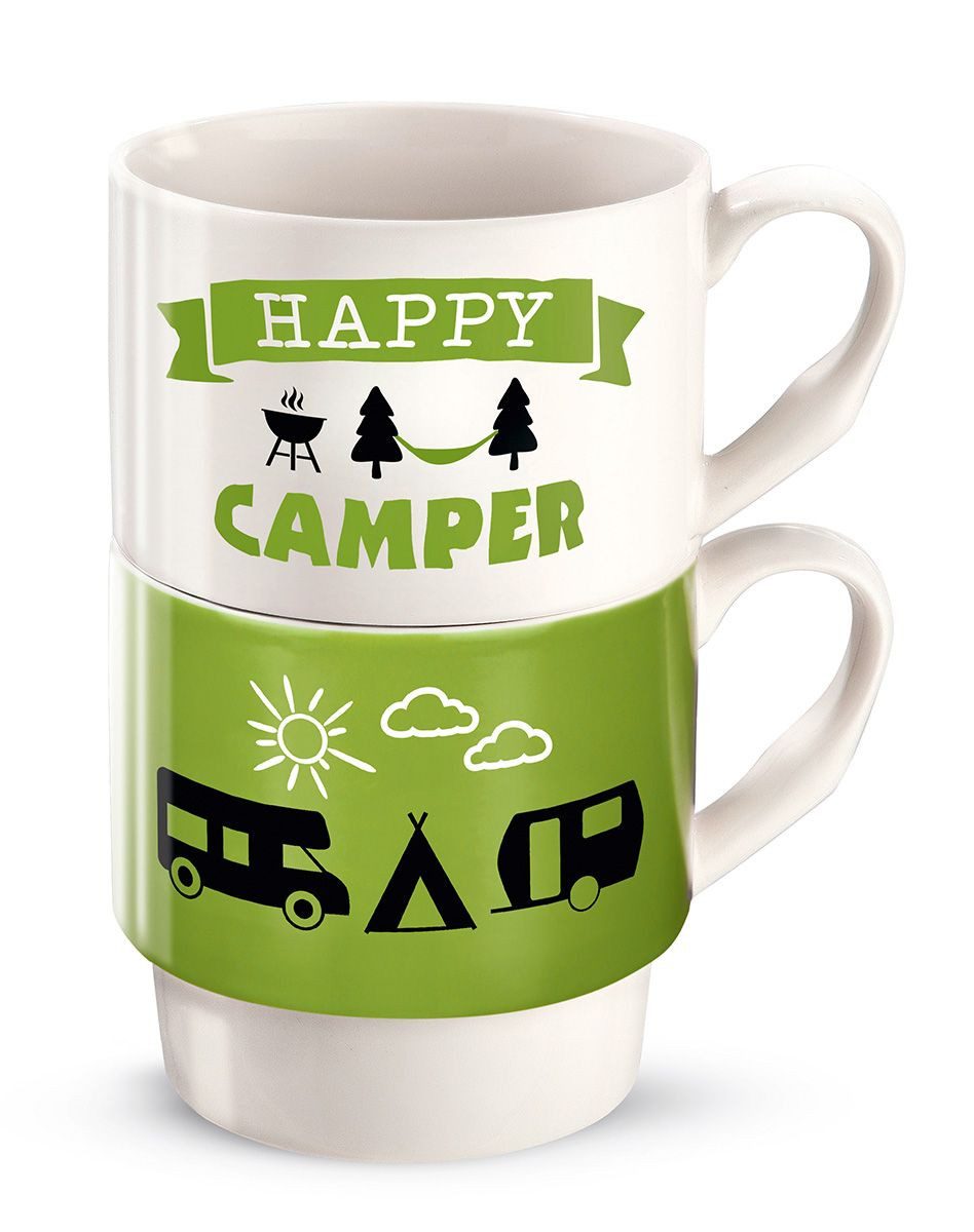 GILDE Tasse 2tlg. Set, Stapeltassen, "Camper", Schriftzug, Wohnwagenmotiv, Porzellan