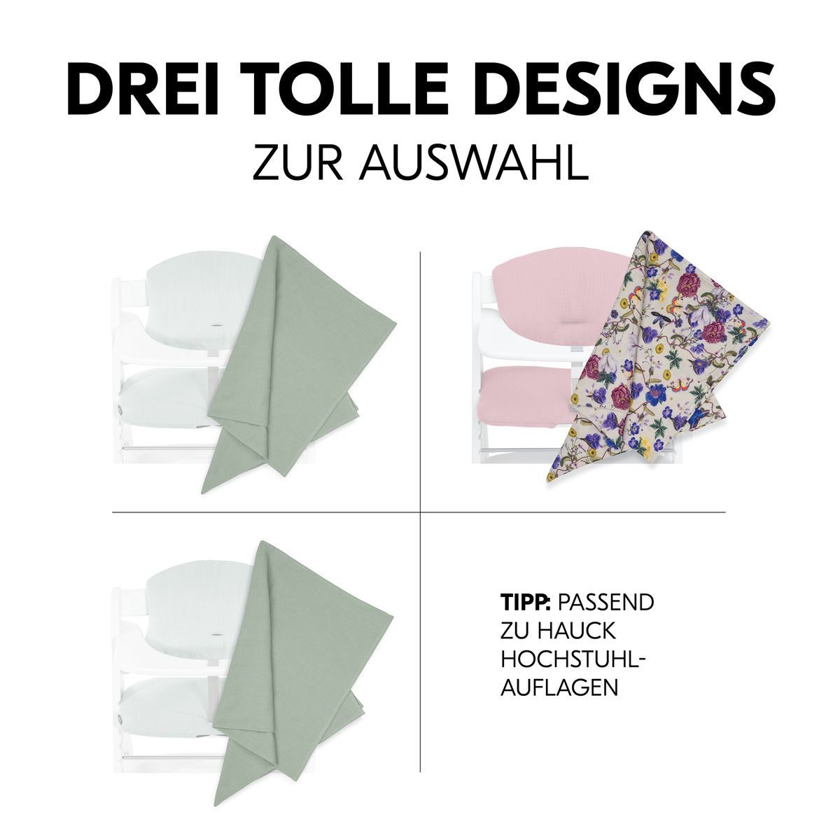 Hauck Stoffwindeln Cuddle N Clean - Sage / Beige / Floral, Mullwindeln Mulltücher 3 Stück 80x80 cm Spucktücher maschinenwaschbar