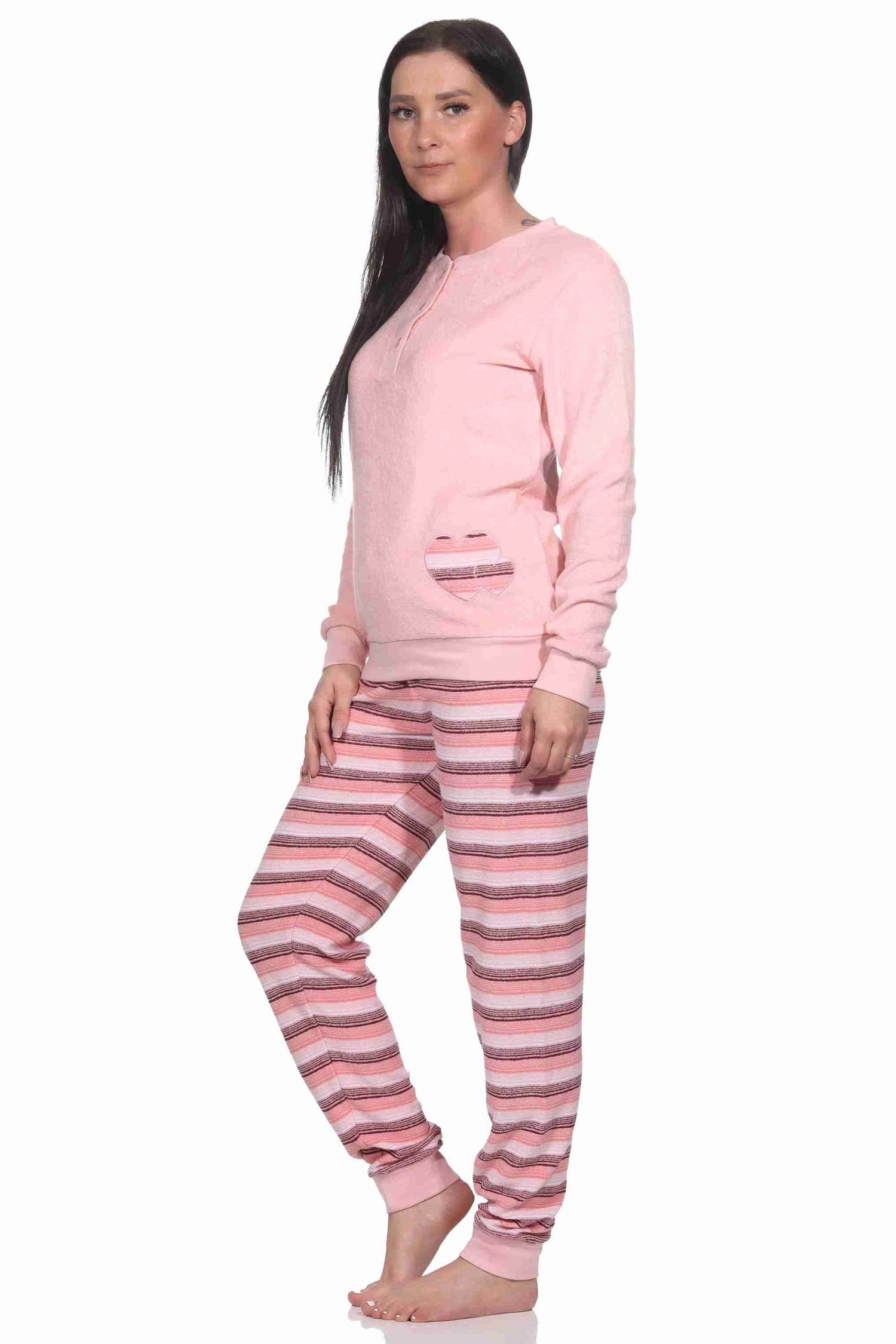 Pyjama Herz-Motiv Schlafanzug Damen rose und Wunderschöner Bündchen mit Normann Frottee