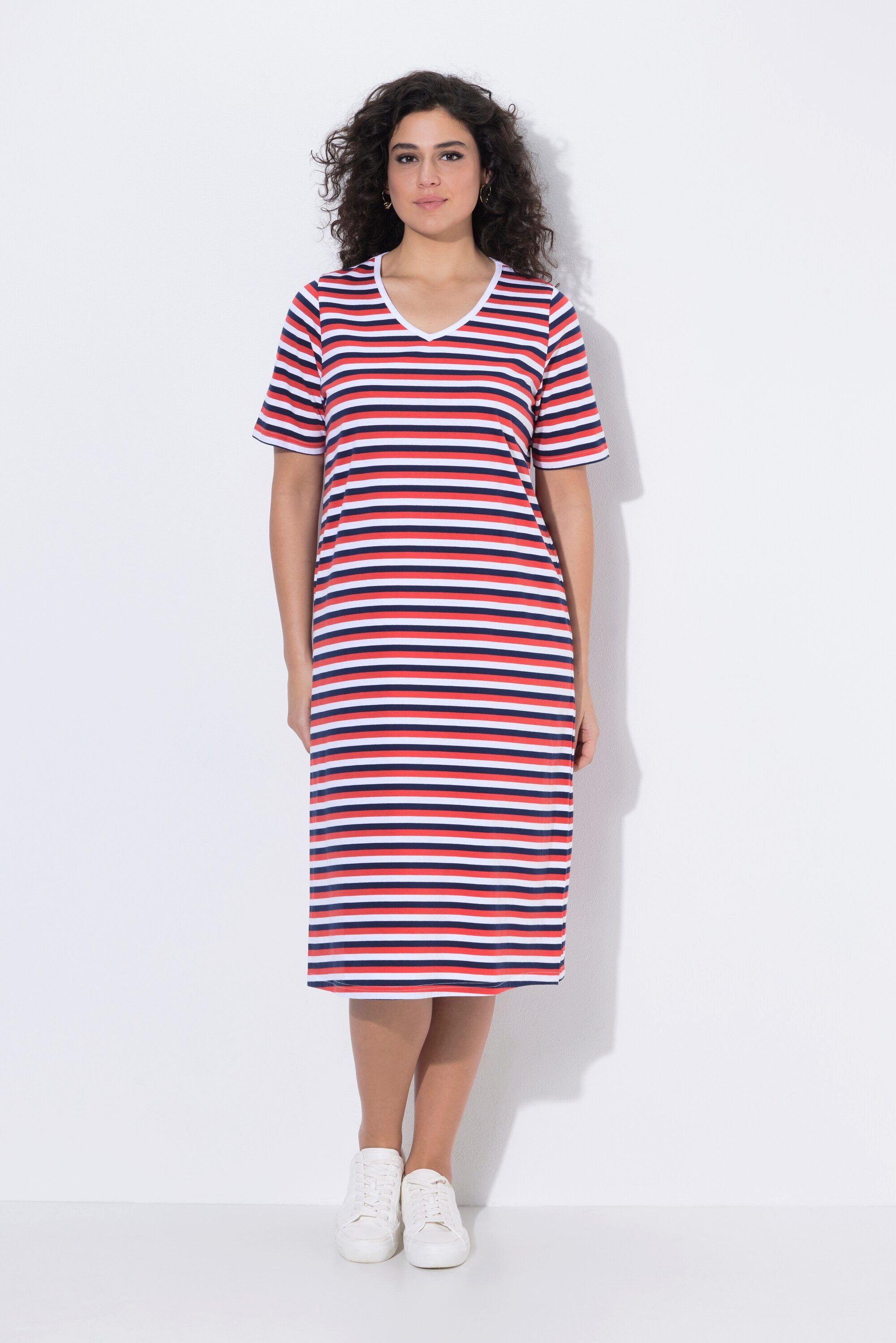 Ulla Popken Jerseykleid Midikleid Ringel A-Linie V-Ausschnitt Halbarm günstig online kaufen
