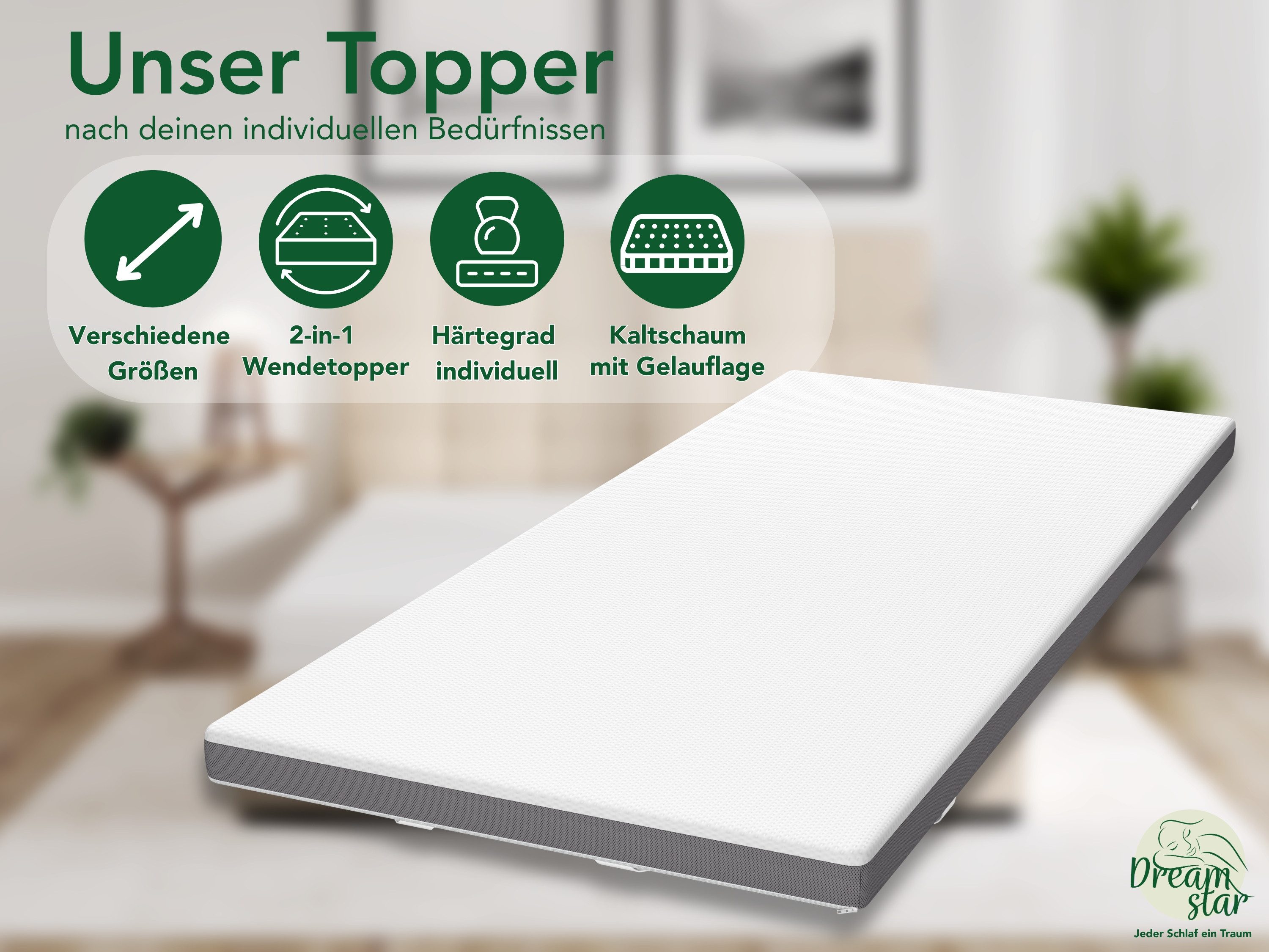 Dreamstar, Topper 7-Zonen Matratzentopper mit Gel-Memory- & Komfortschicht, H2/H3, 8 cm hoch, Komfortschaum, rutschfest, Bezug waschbar - für Matratzen und Boxspringbetten