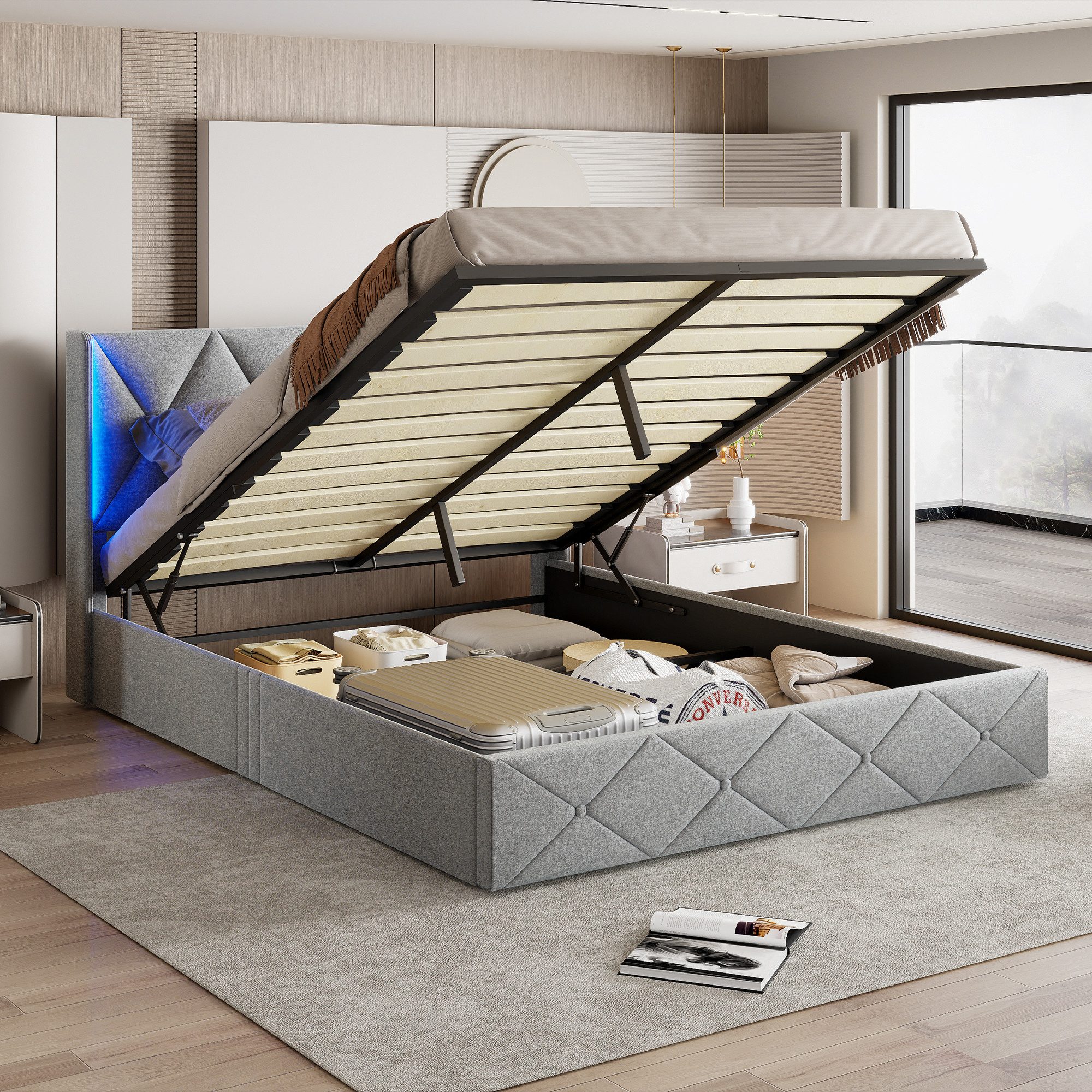 ADWOLT Stauraumbett Polsterbett Doppelbett mit LED-Beleuchtung Kopfteil (Bettgestell mit Metallrahmen und Lattenrost), Hydraulisches Funktionsbett, ohne Matratz – Bild 3 von 5