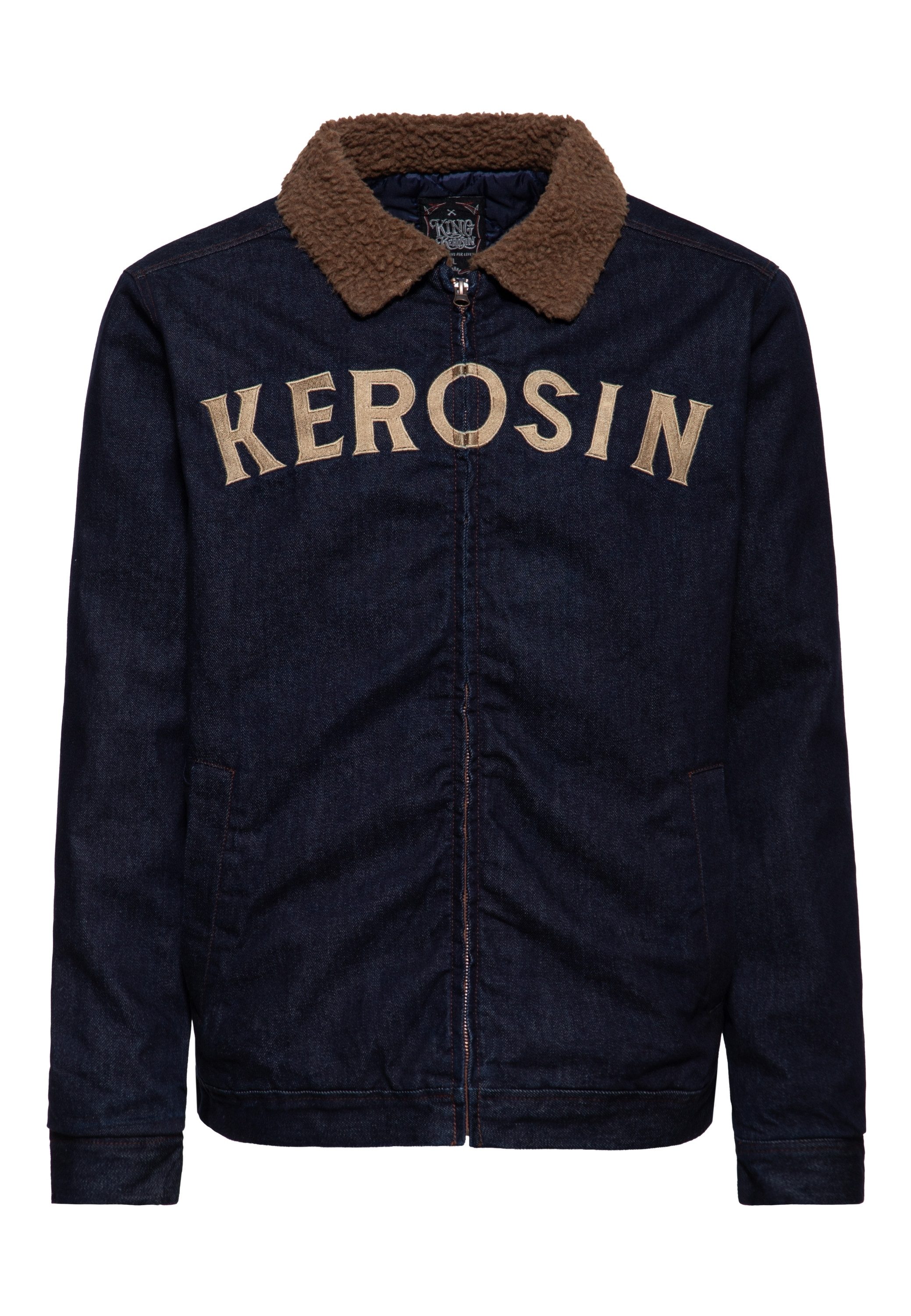 KingKerosin Jeansjacke Gestickter KEROSIN-Schriftzug und Umlegekragen aus Teddy-Fellimitat