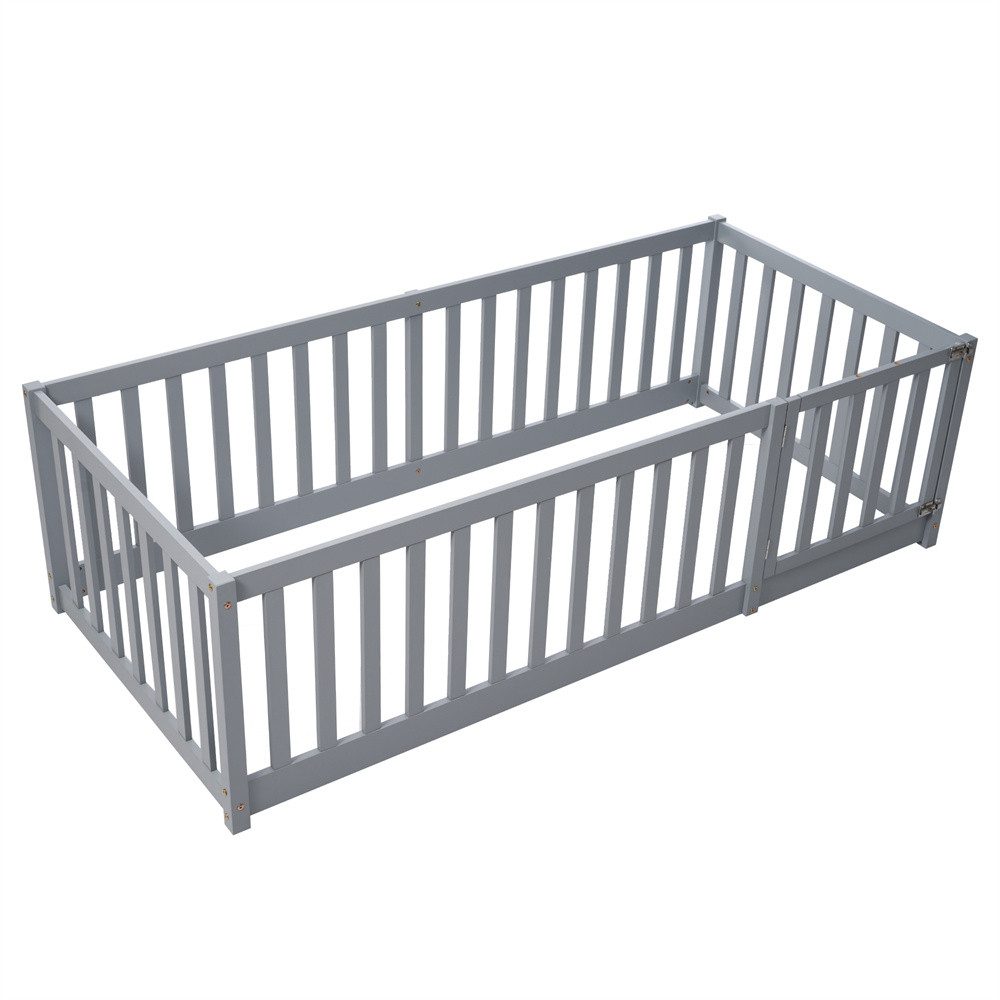 XDeer Babybett Kinderbett 90 x 200, Holzboden Bettrahmen mit Zaun und Tür, Grau