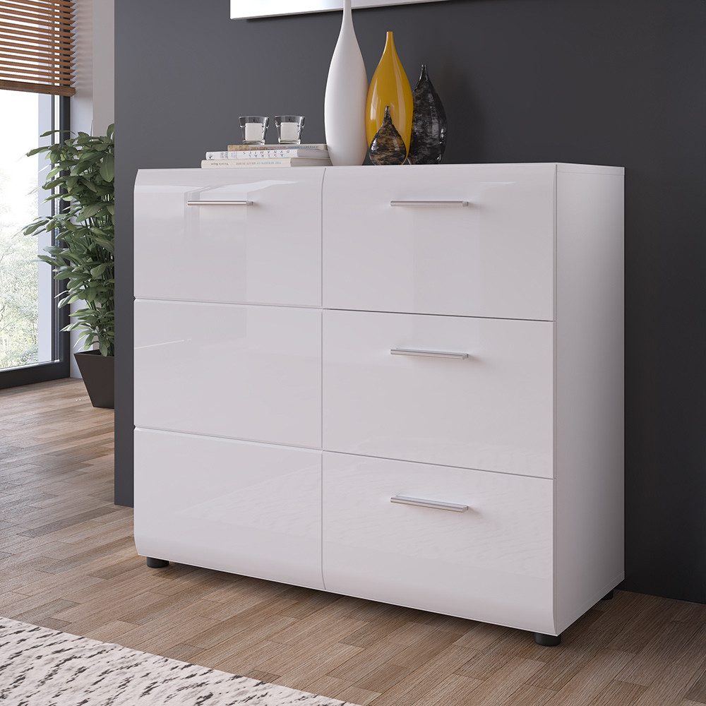 Lomadox Kommode MALABO-129, Anrichte 96 cm breit weiß Hochglanz